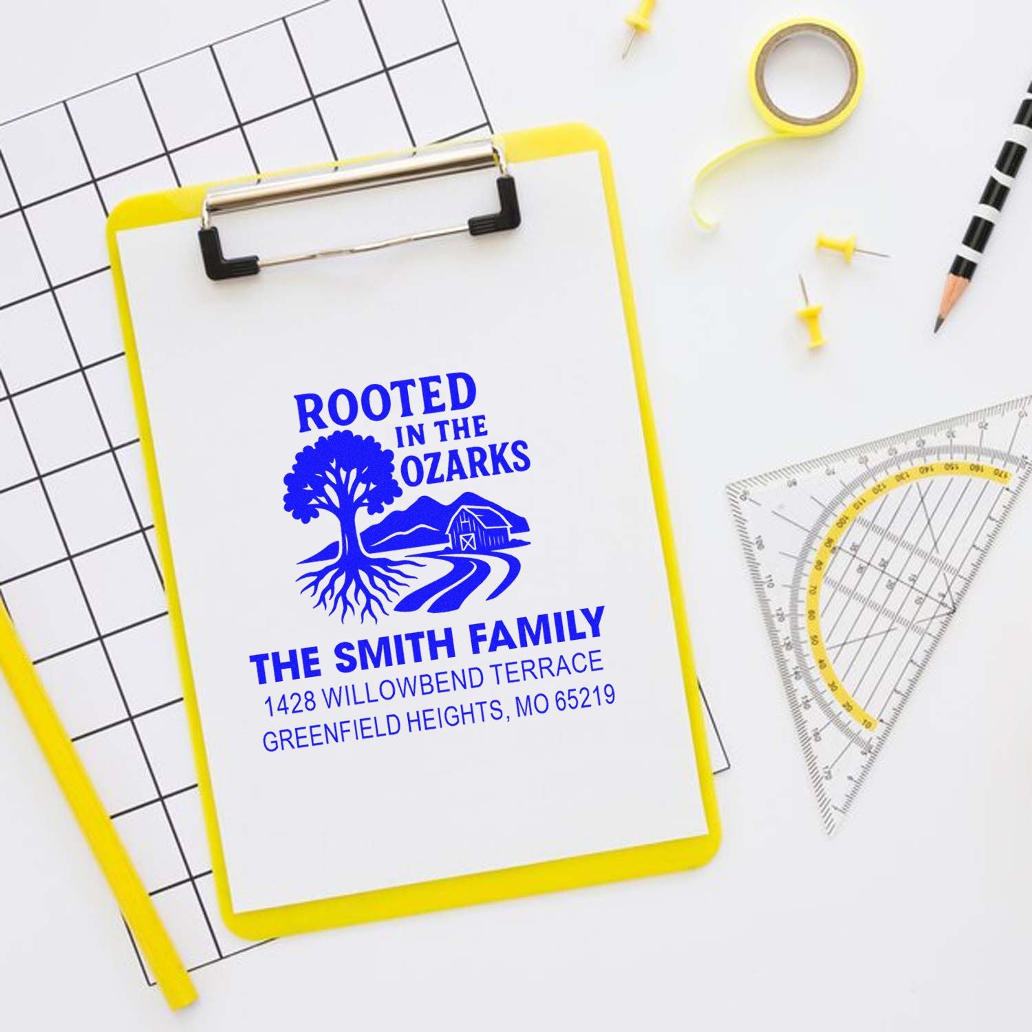 Personalized return address rubber stamp with tree logo and Rooted in the Ozarks family name design.