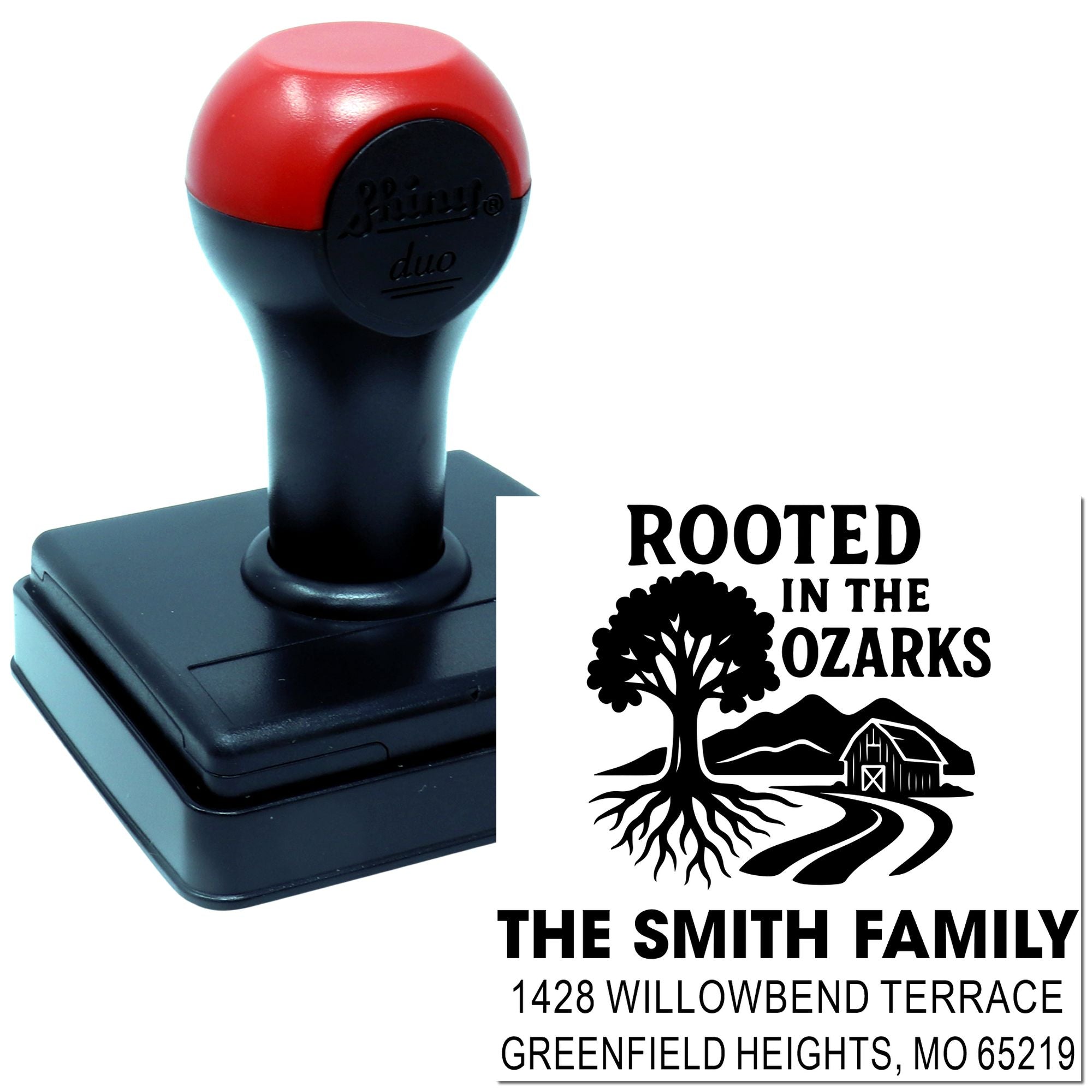 Custom self-inking rubber address stamp with Rooted in the Ozarks family return address design and barn, tree, and farmhouse logo.