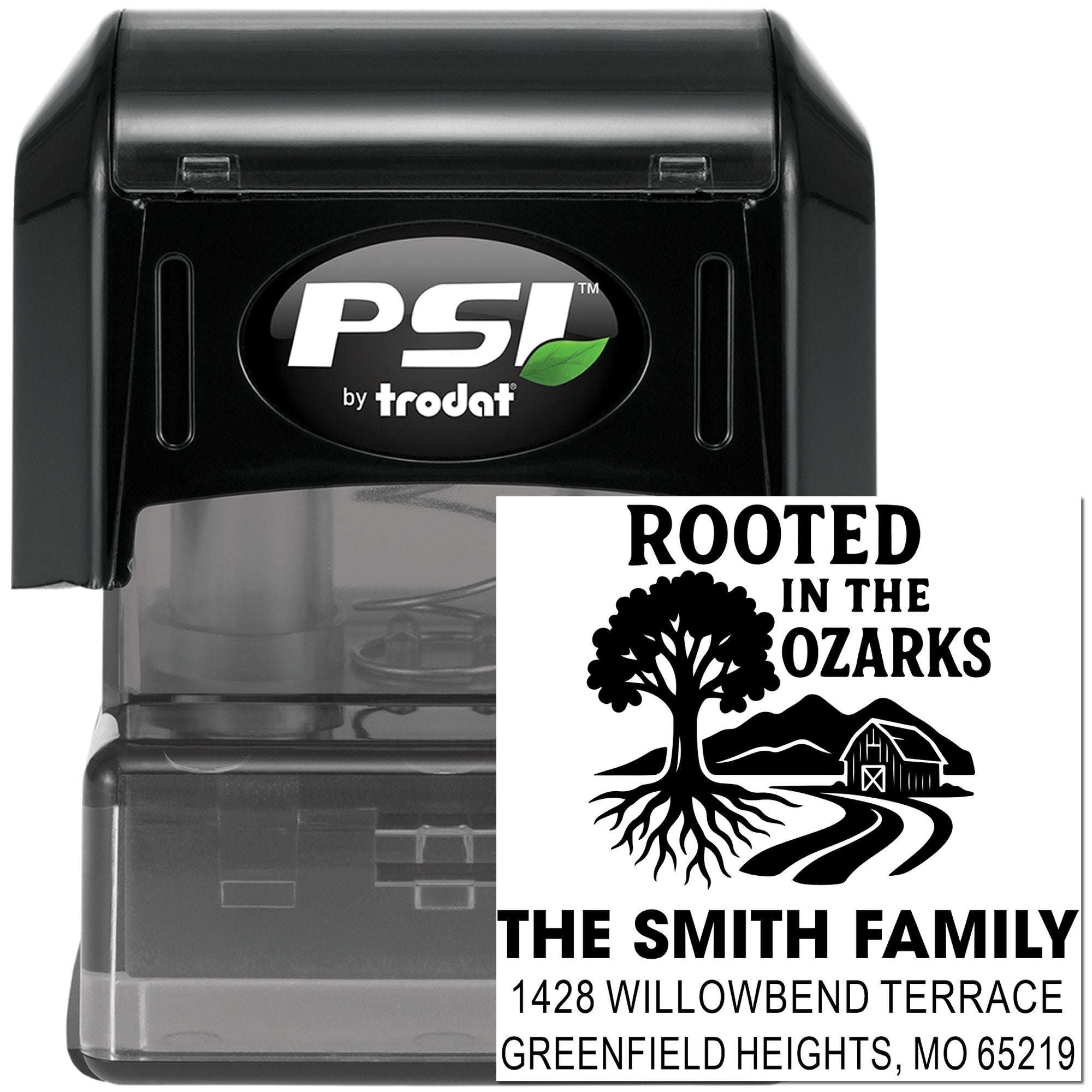 Custom self-inking rubber address stamp by PSI Trodat with Rooted in the Ozarks family return address design