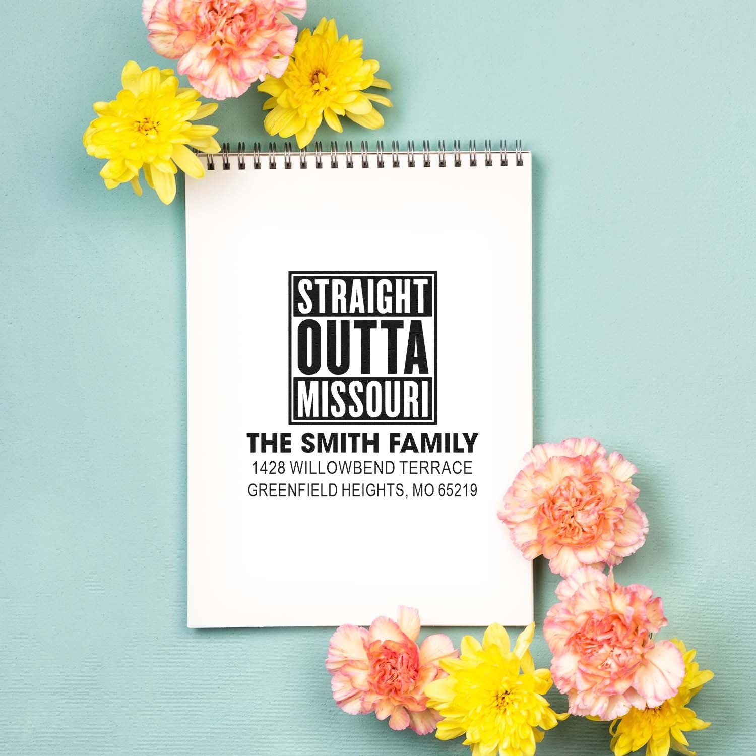 Personalized rubber stamp with Straight Outta Missouri return address for The Smith Family
