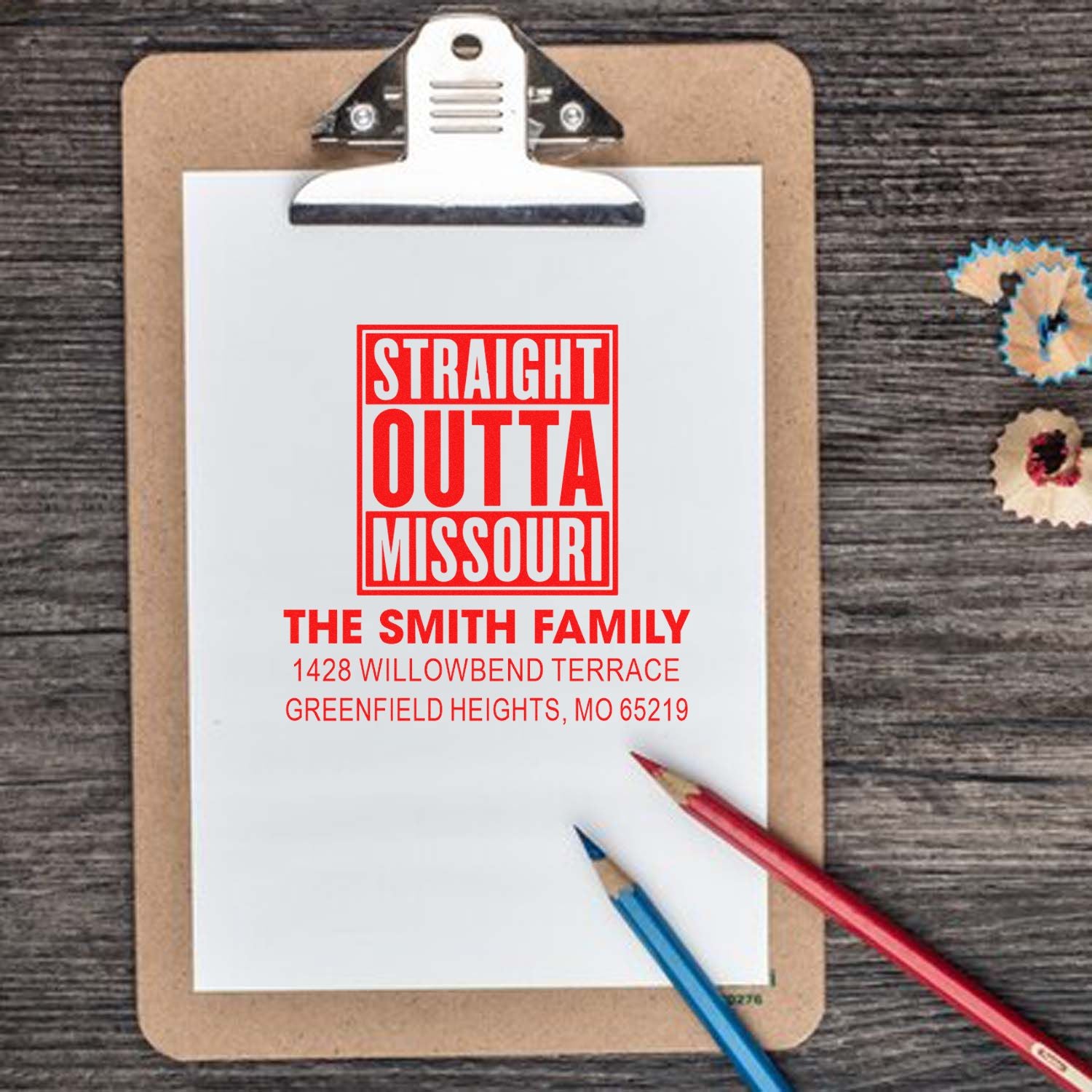 Personalized Straight Outta Missouri return address rubber stamp for custom family mailings.