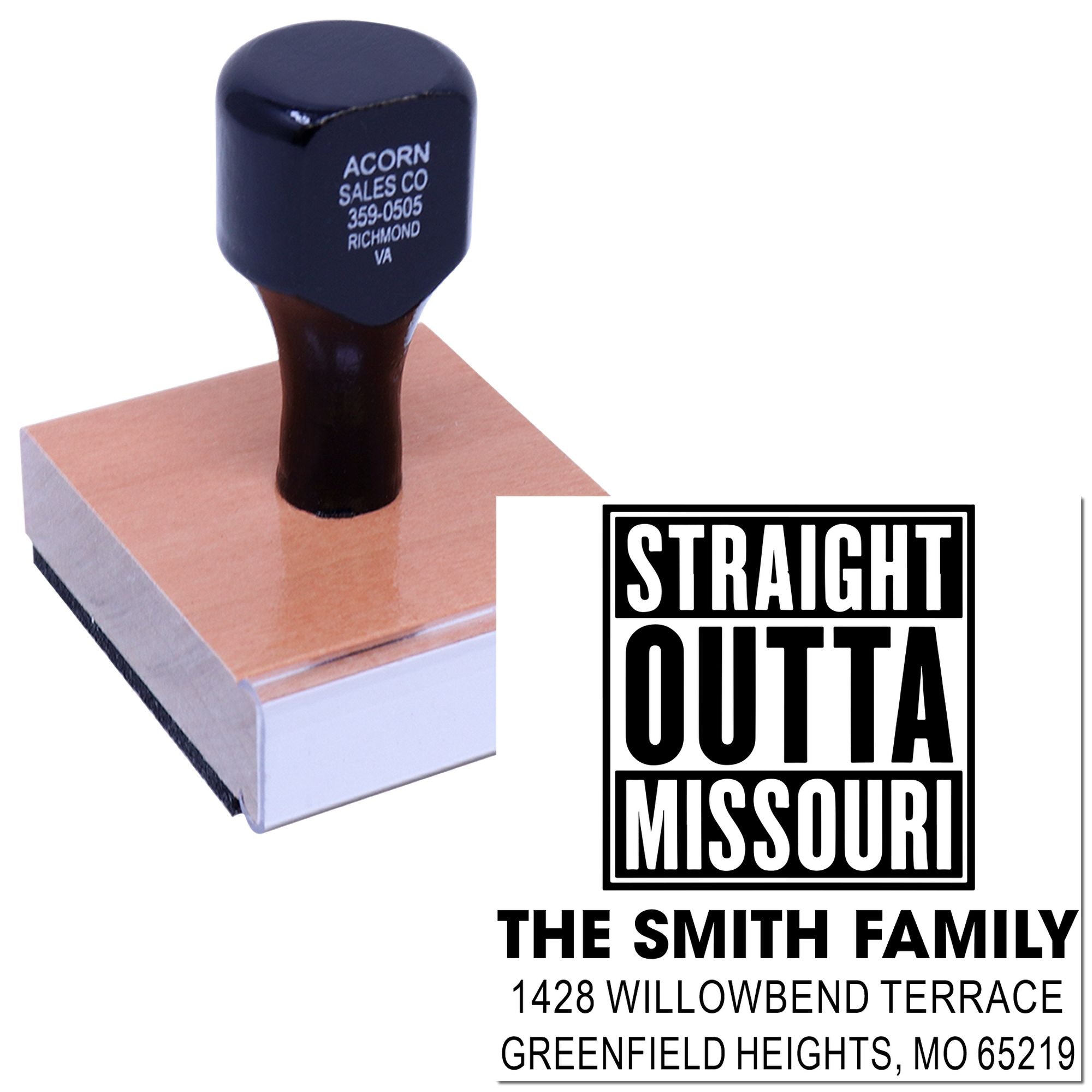 Custom self-inking rubber address stamp with Straight Outta Missouri design for personalized family mail and gifts.