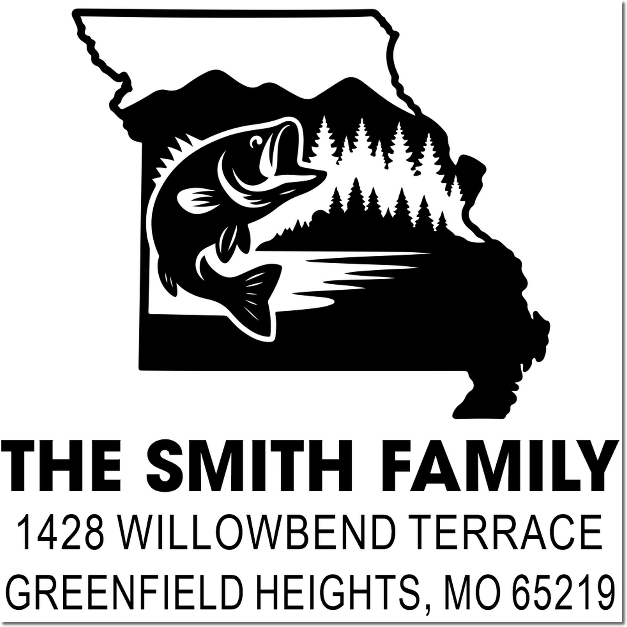 Personalized Missouri return address rubber stamp with fish and lake scene, The Smith Family name, and Greenfield Heights, MO address.