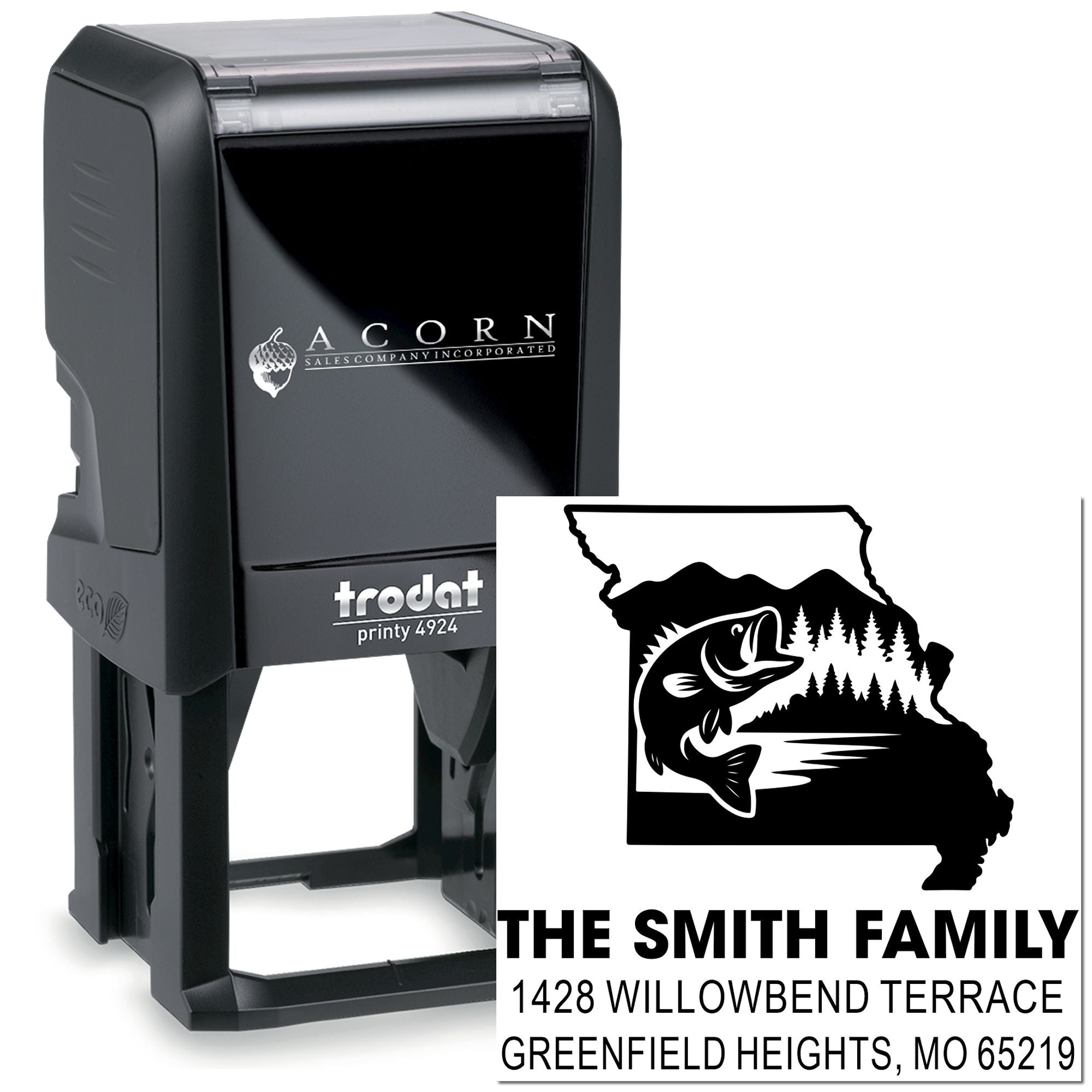 Custom self-inking rubber address stamp with Missouri fishing family design for The Smith Family.