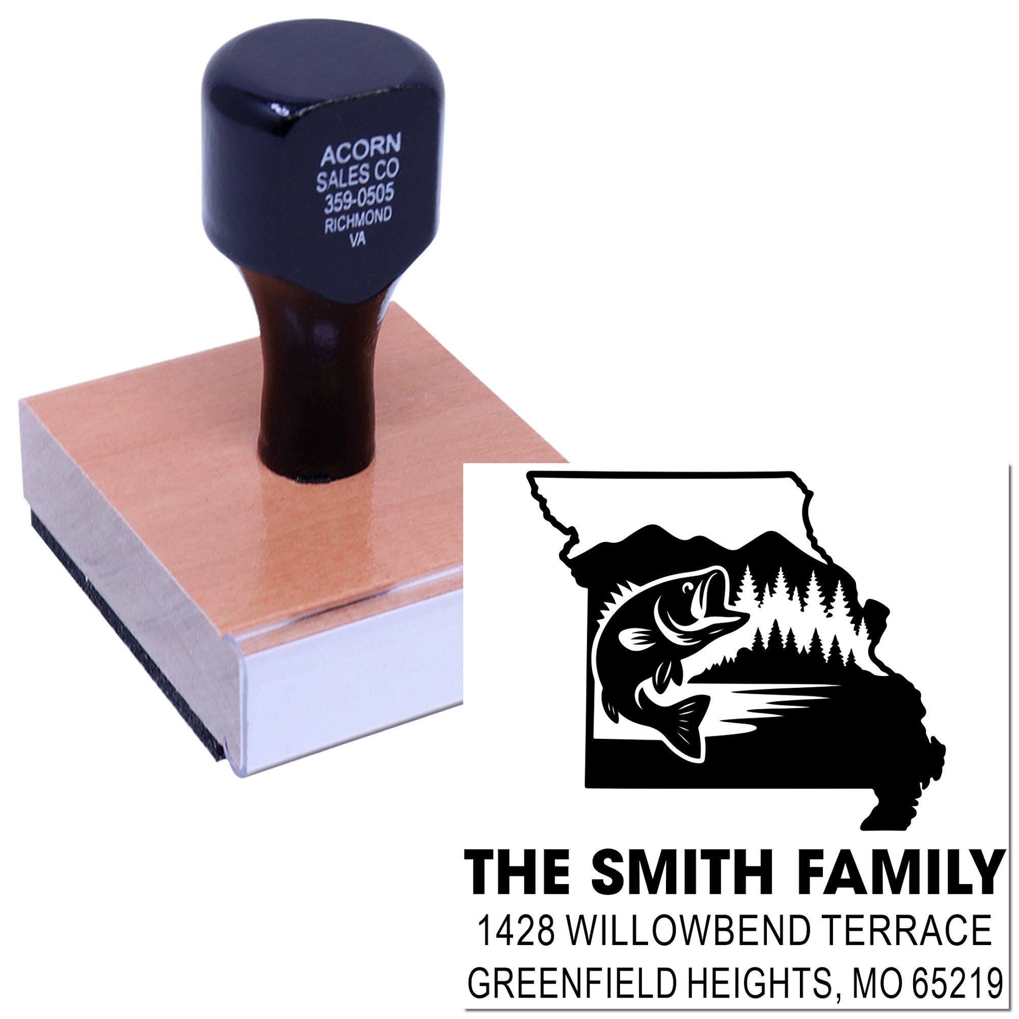 Personalized rubber address stamp with fish graphic and family name for custom return-address envelopes.