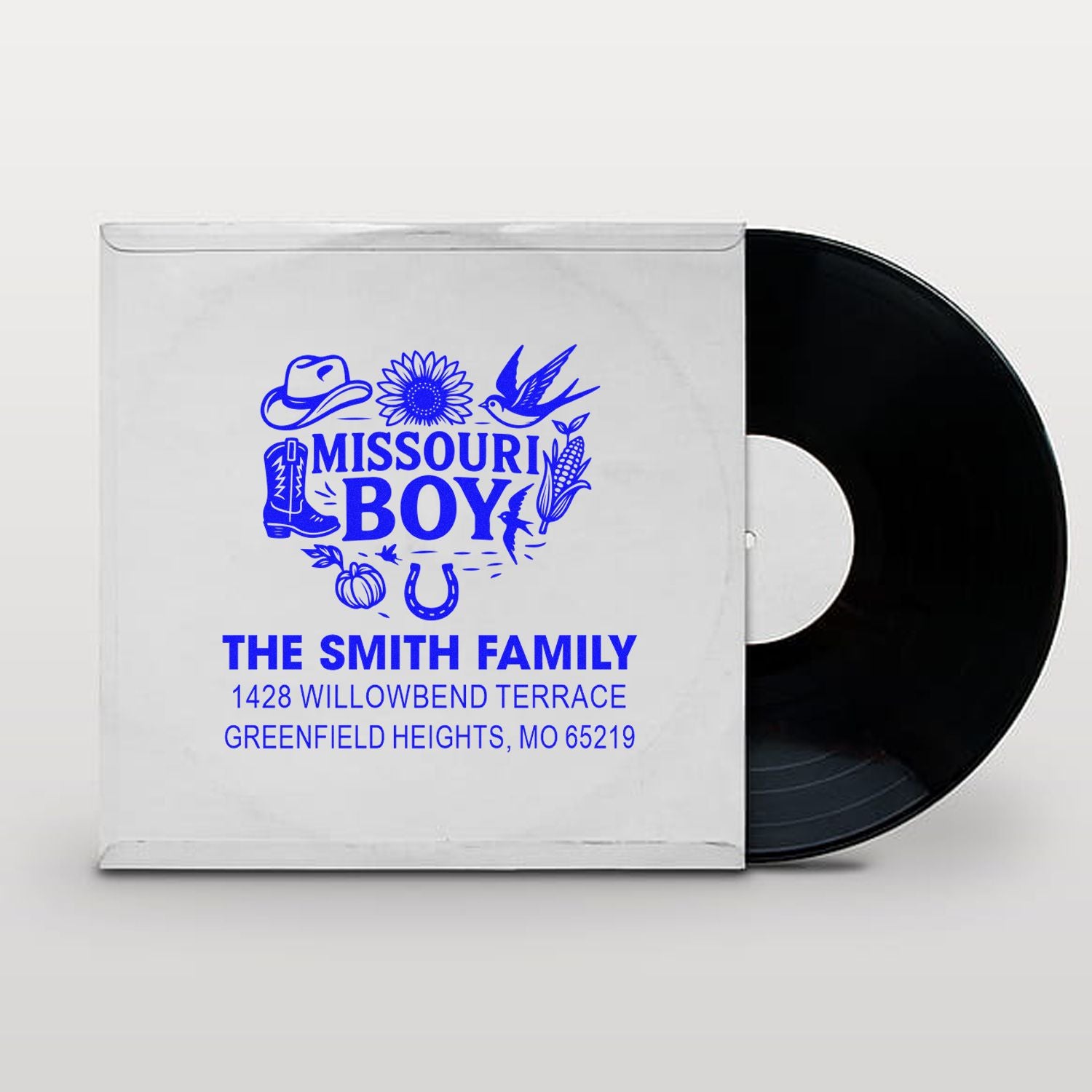Personalized Missouri Boy family return address rubber stamp design for The Smith Family, with cowboy and farm icons.