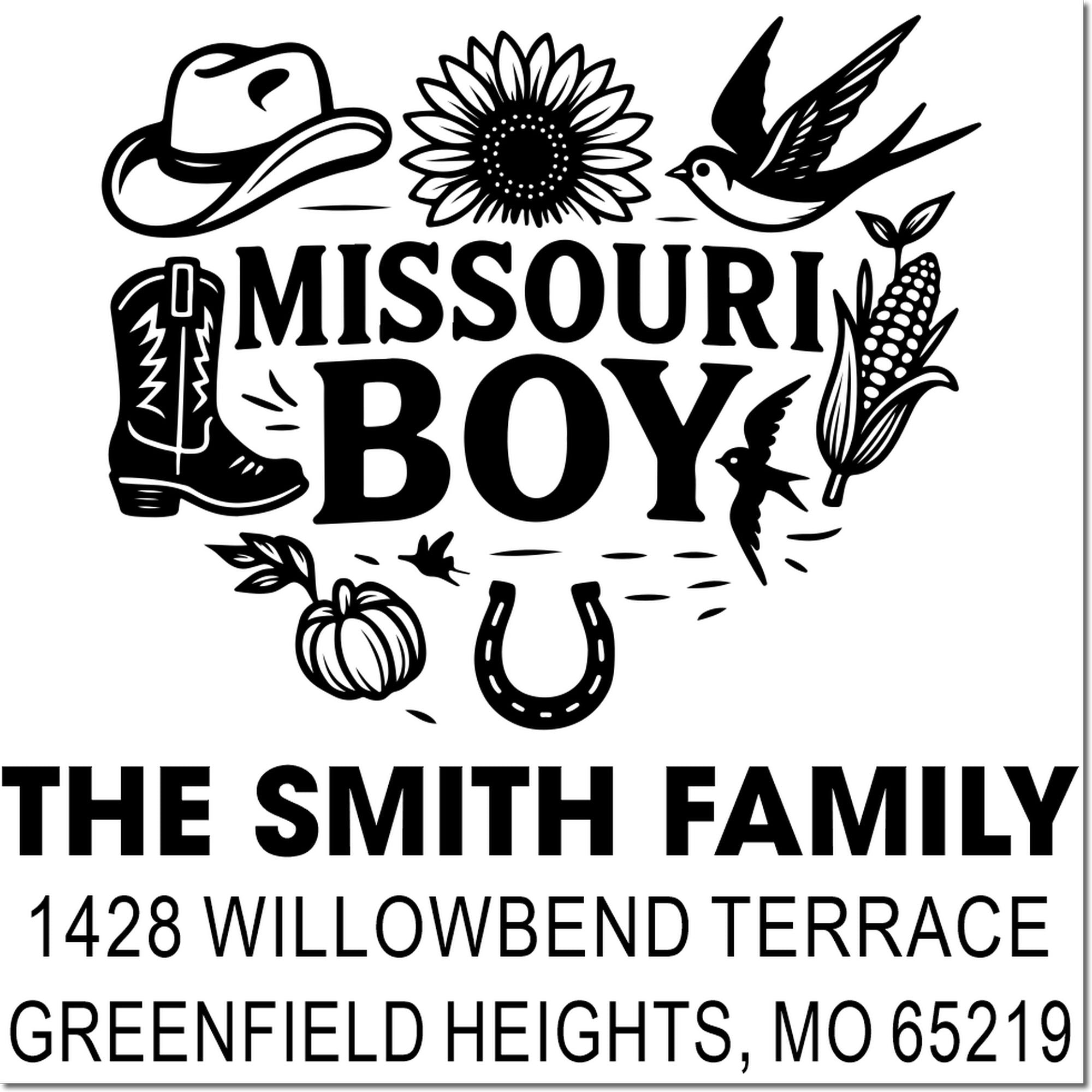 Custom Missouri Boy family return address rubber stamp with cowboy, sunflower, bird, corn and horseshoe accents.
