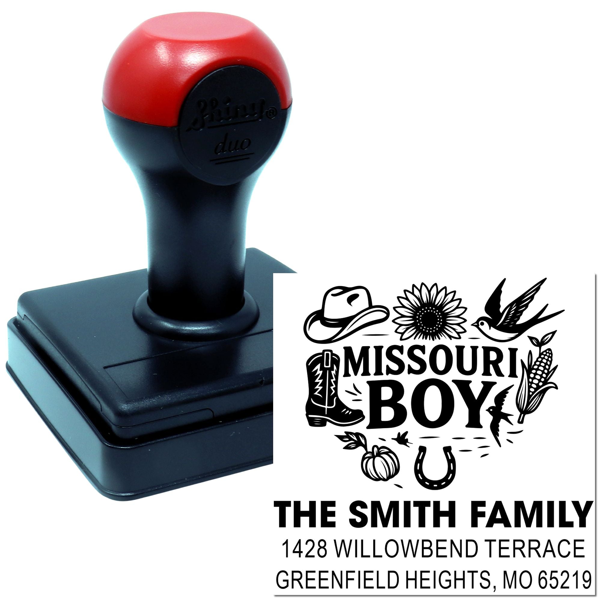 Custom self-inking address rubber stamp featuring Missouri Boy design, Smith Family name and return address for mail.
