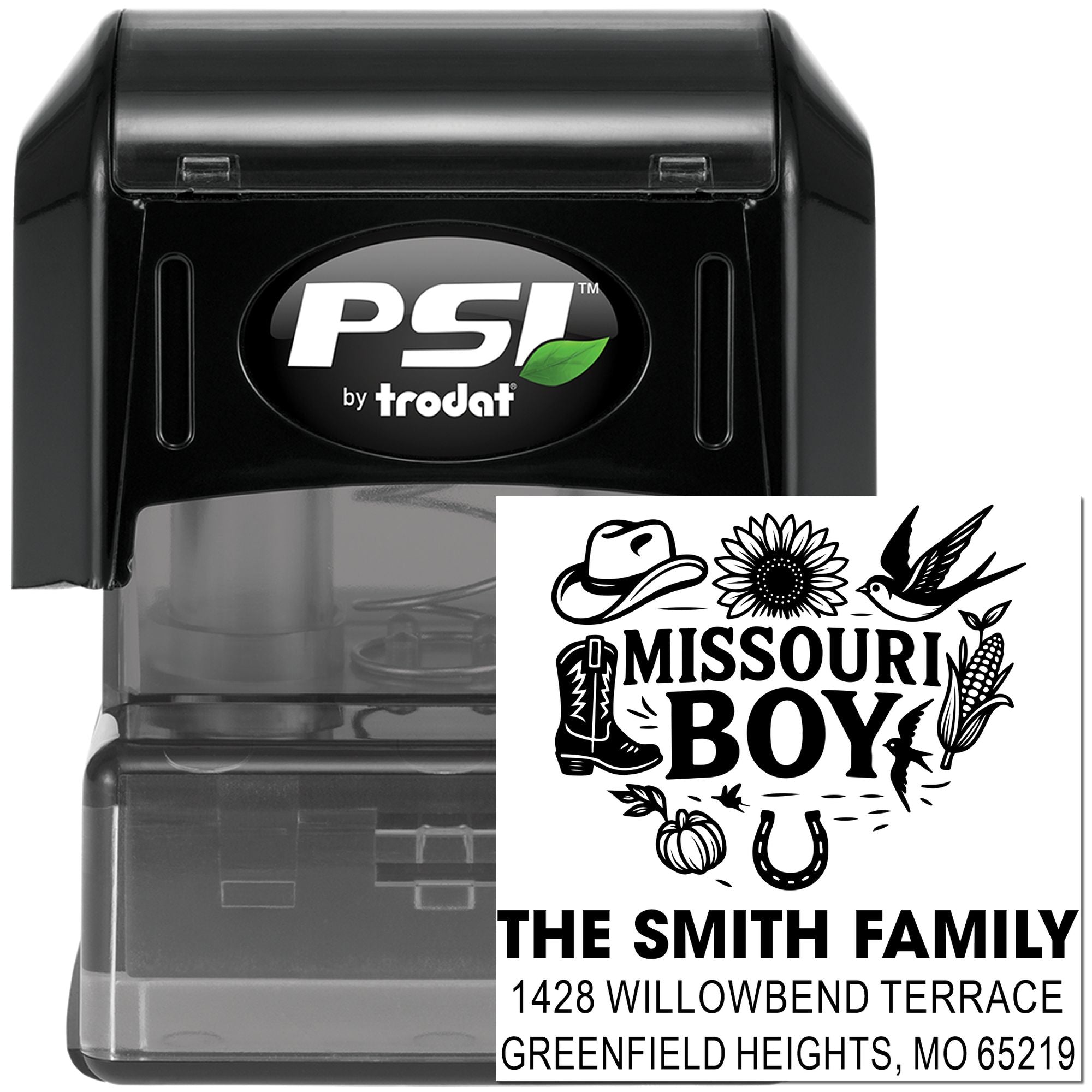 PSI by Trodat self-inking custom return address rubber stamp with Missouri Boy family design.