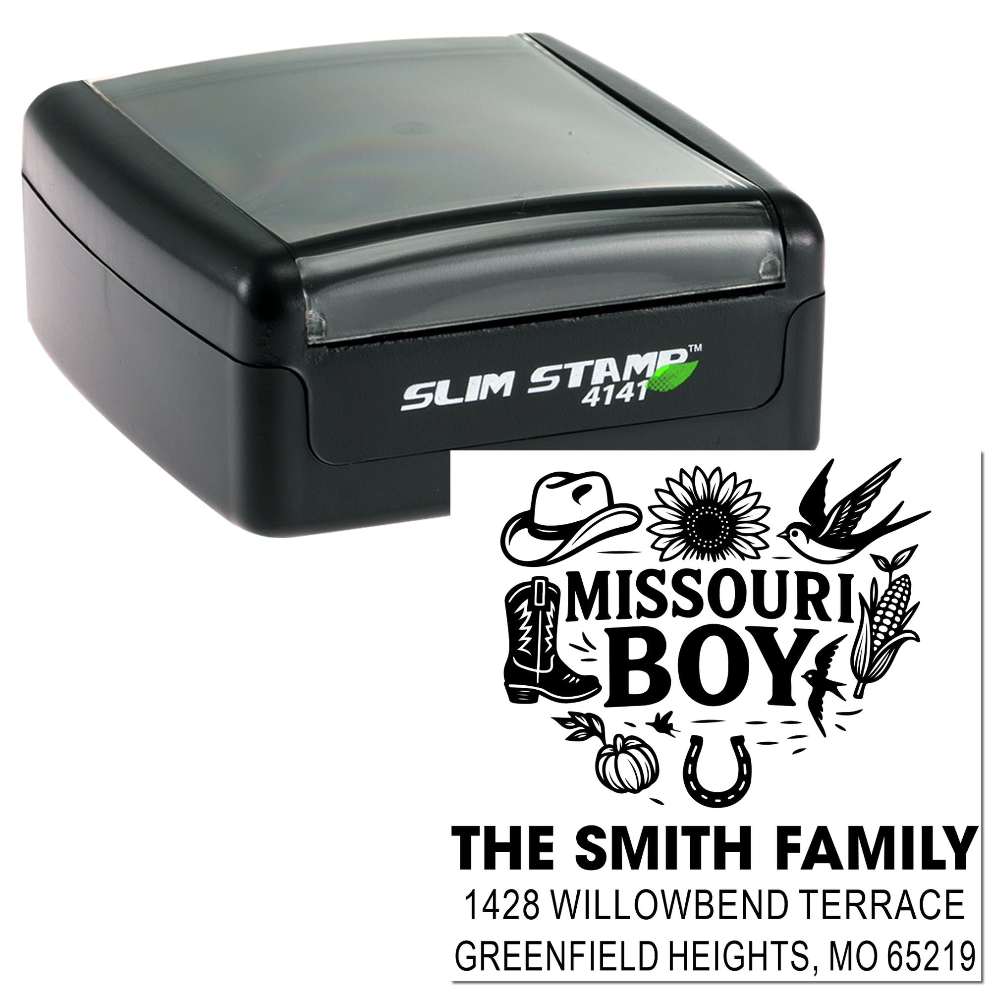 Custom Missouri Boy self-inking address stamp with Smith family name and Greenfield Heights, MO address for mail and crafts