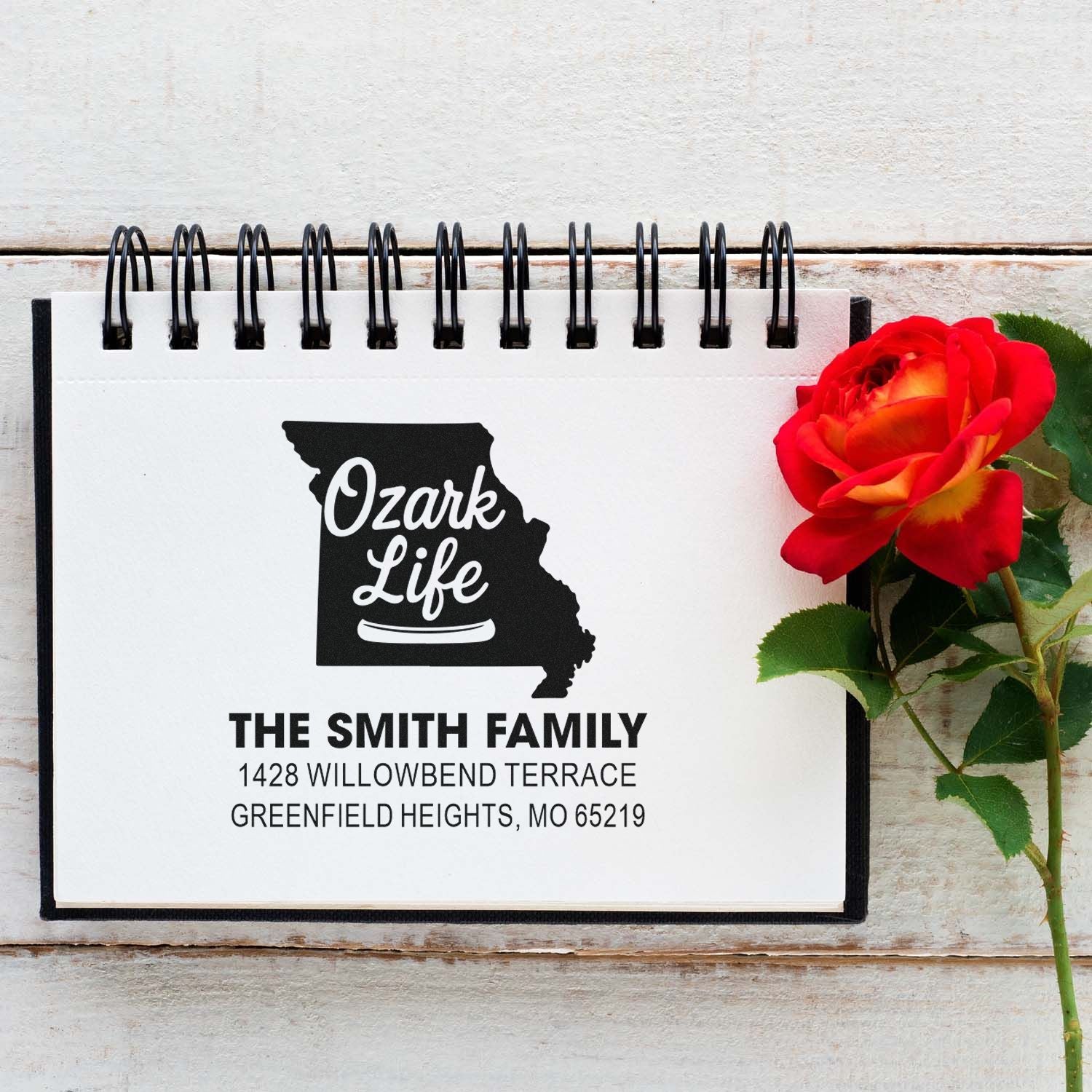 Personalized Ozark Life return address rubber stamp with Missouri state design for The Smith Family, Greenfield Heights, MO.