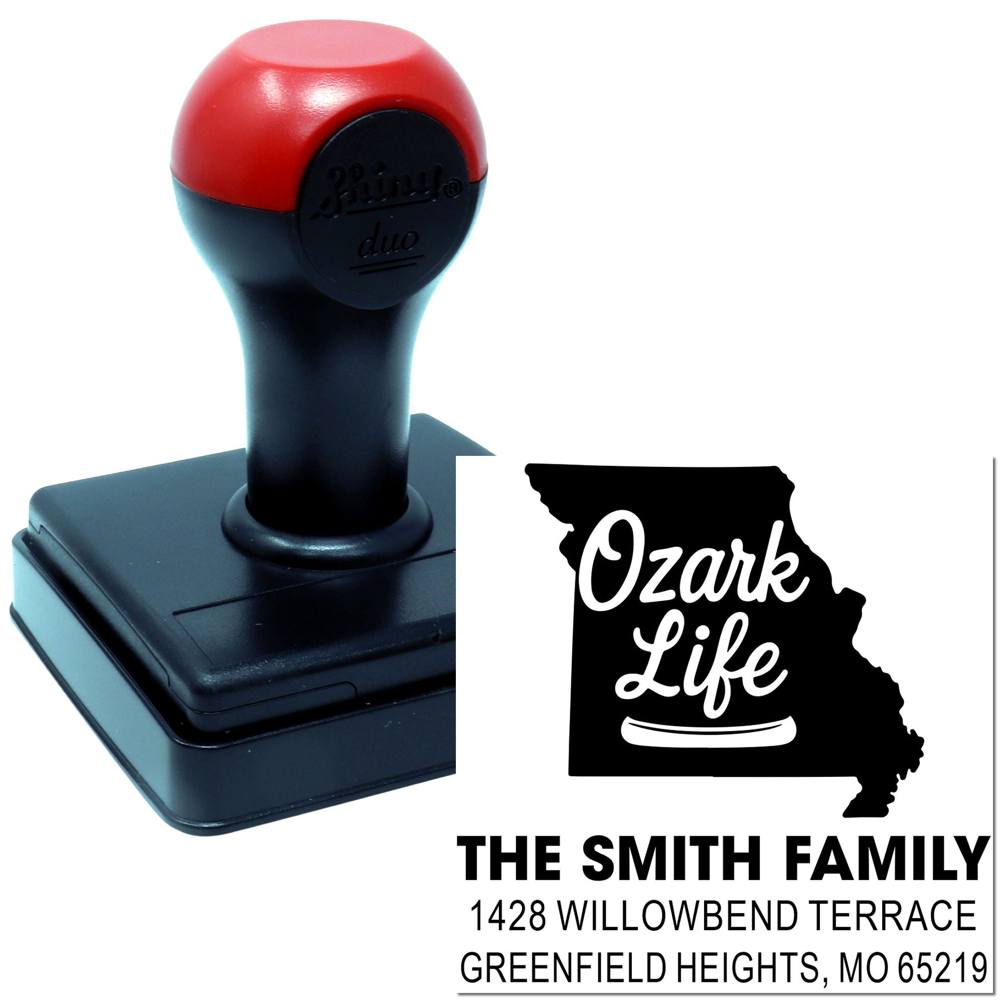 Custom Missouri address rubber stamp with Ozark Life design for The Smith Family, Greenfield Heights, MO.