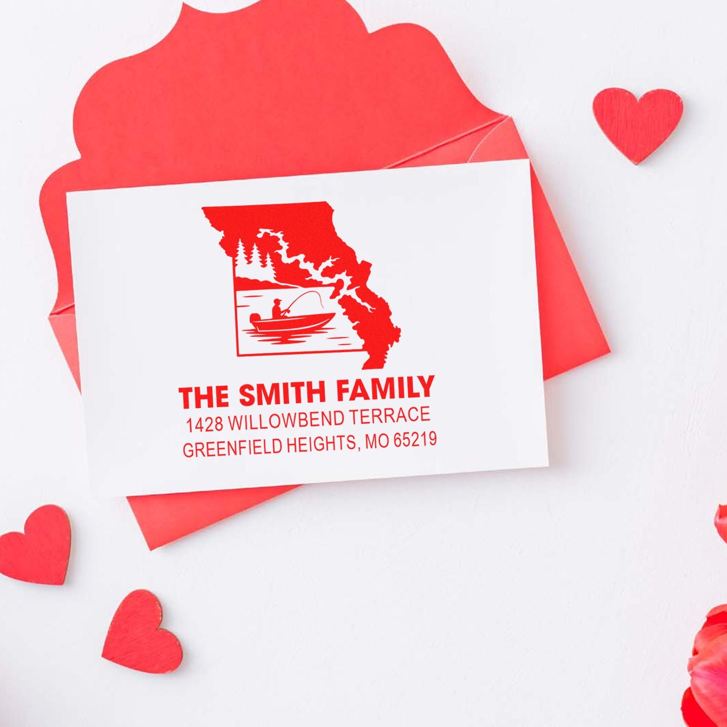 Custom family return address rubber stamp with state fishing design for Valentine cards