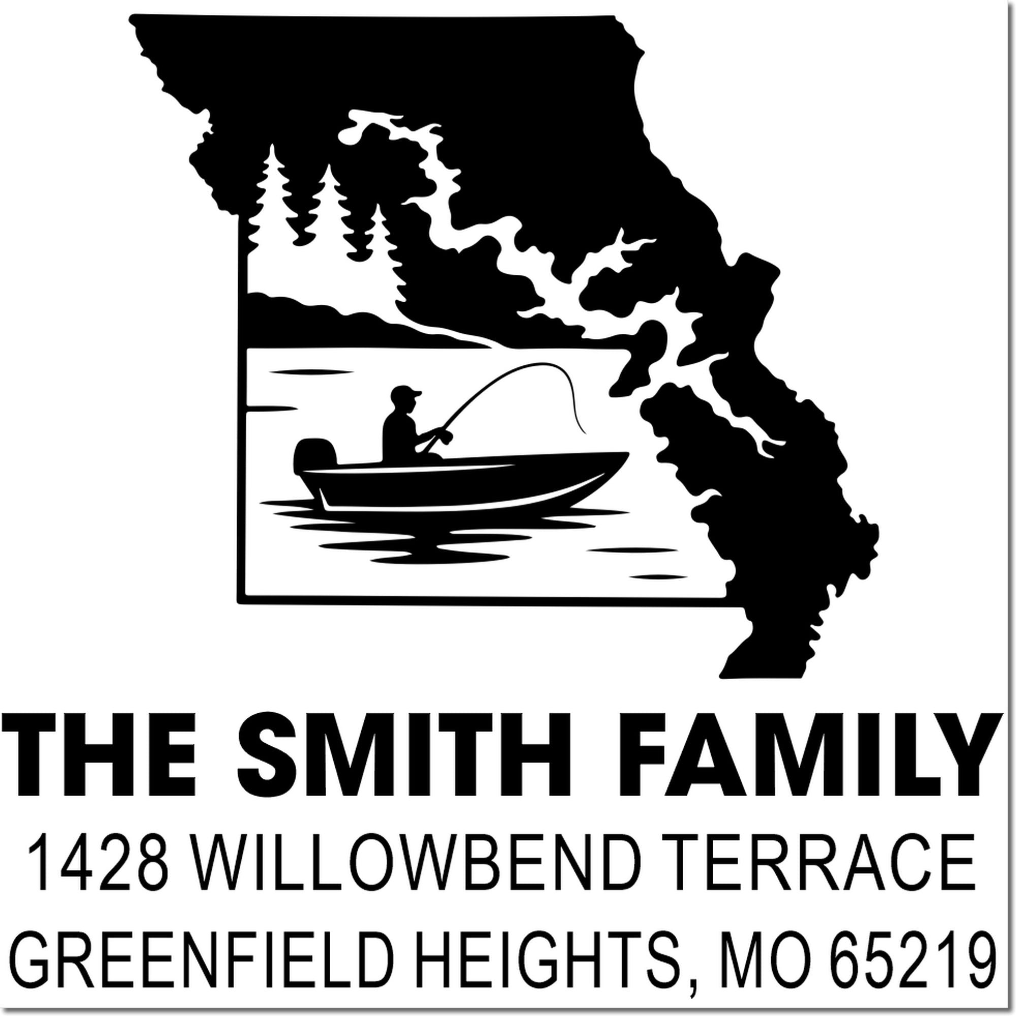 Custom Missouri fishing family return address rubber stamp for The Smith Family, 1428 Willowbend Terrace, Greenfield Heights, MO 65219.