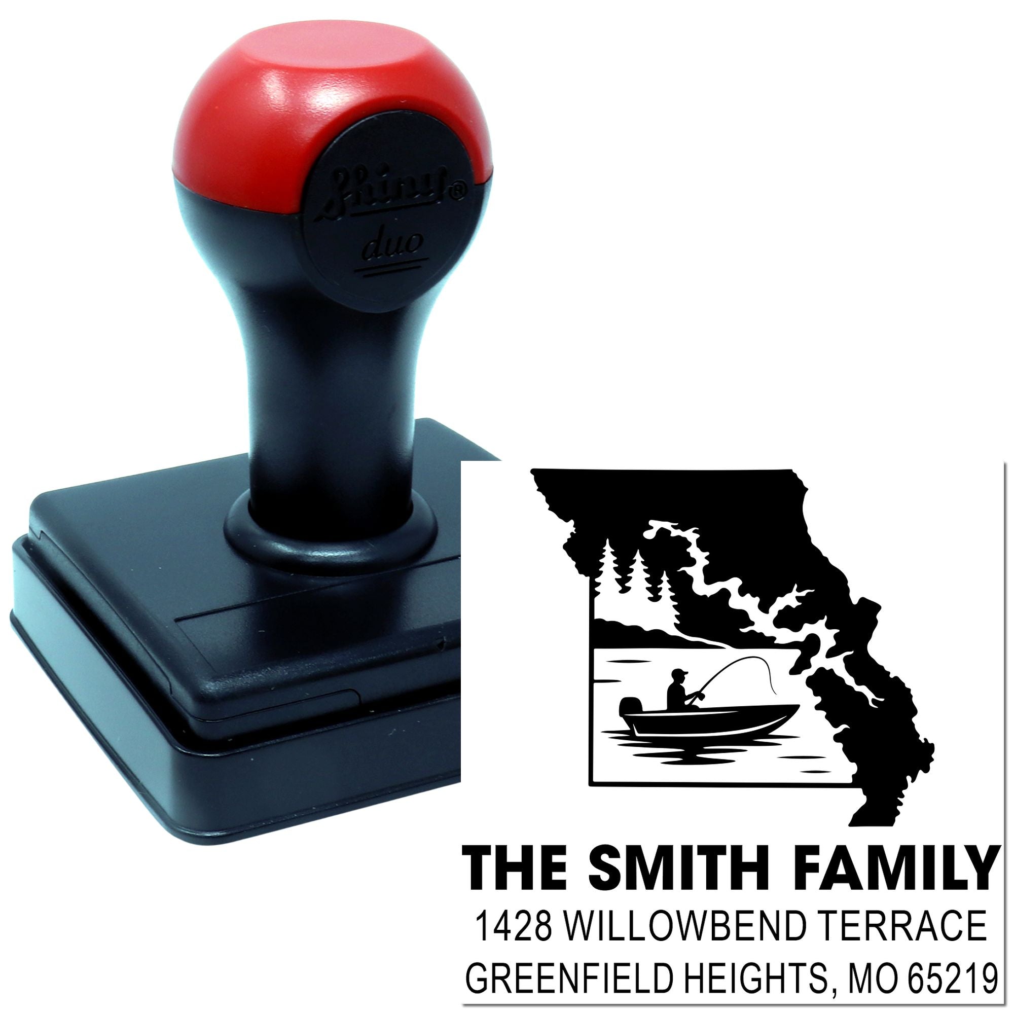Self-inking custom rubber address stamp with family name and fishing boat design for personalized mailing.