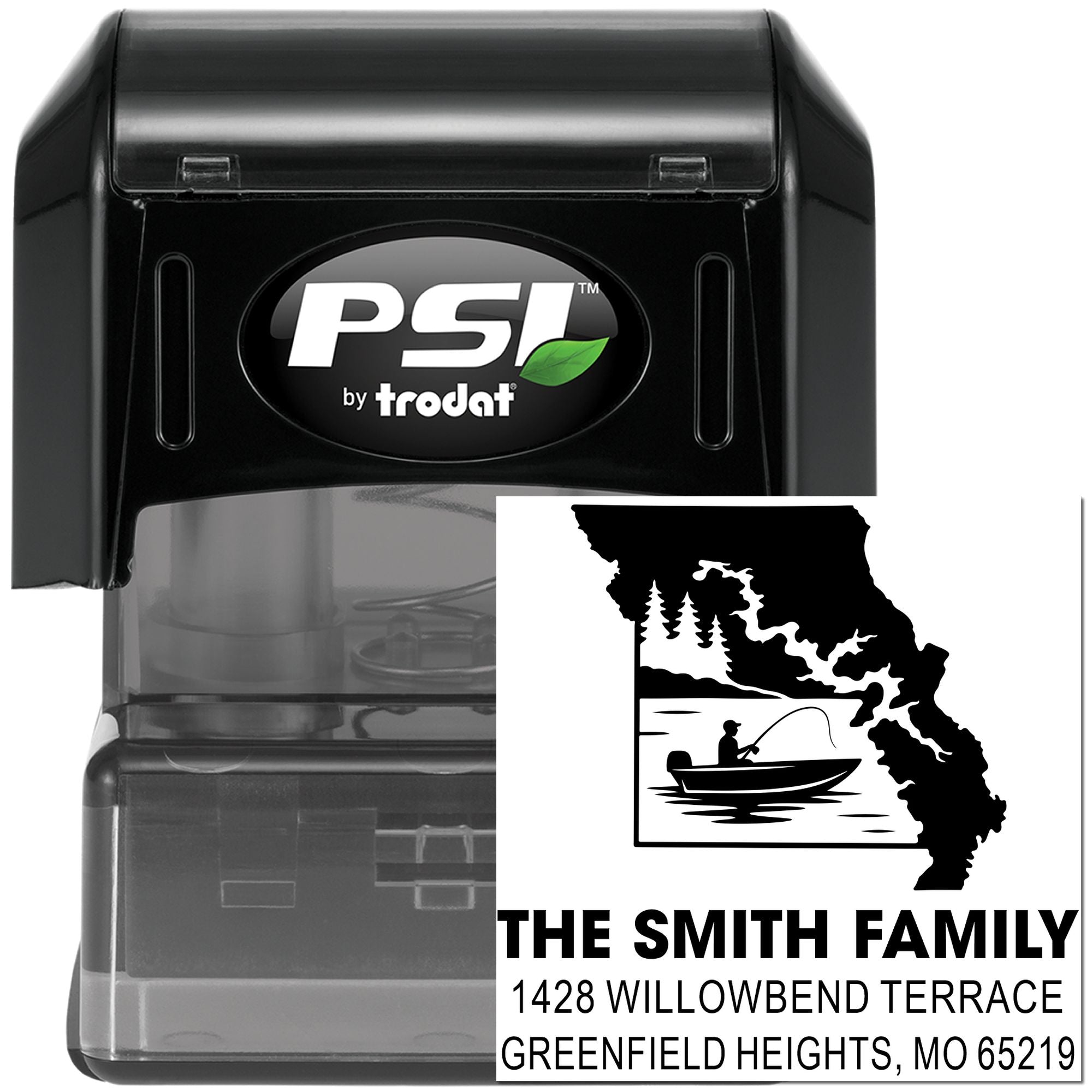 Custom self-inking rubber stamp by PSI Trodat with fishing Missouri design and Smith family return address for mailing labels.