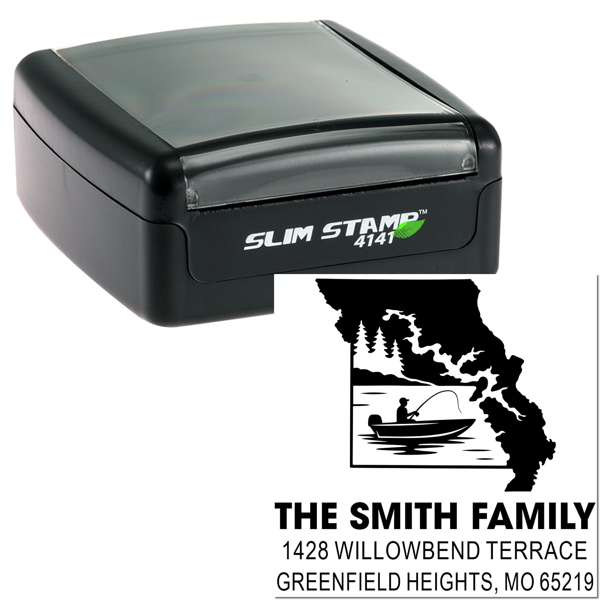 Custom self-inking rubber address stamp with fishing scene for The Smith Family, Greenfield Heights, MO.