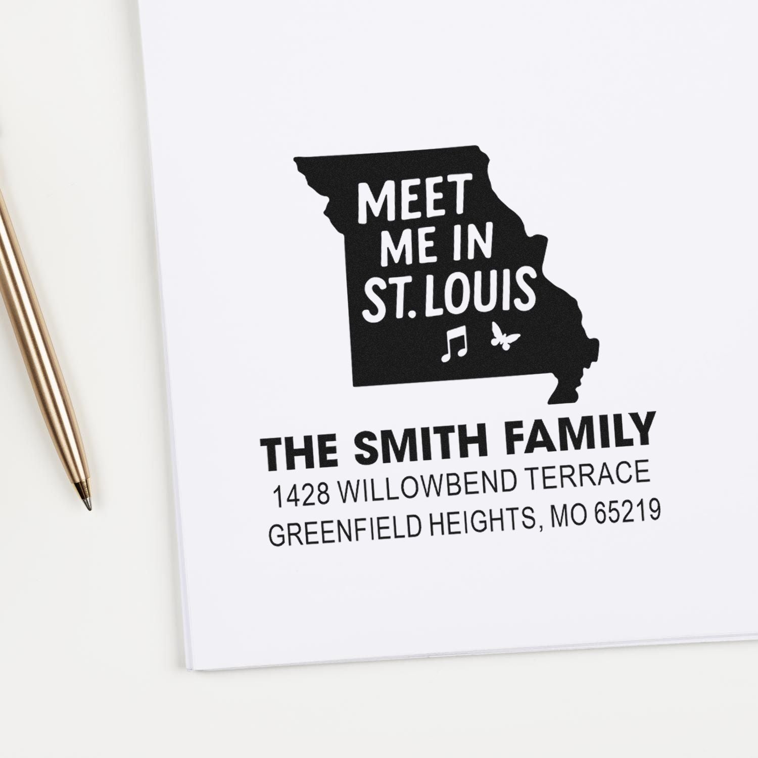 Personalized Missouri rubber stamp with Meet Me in St. Louis and custom family address for stationery.