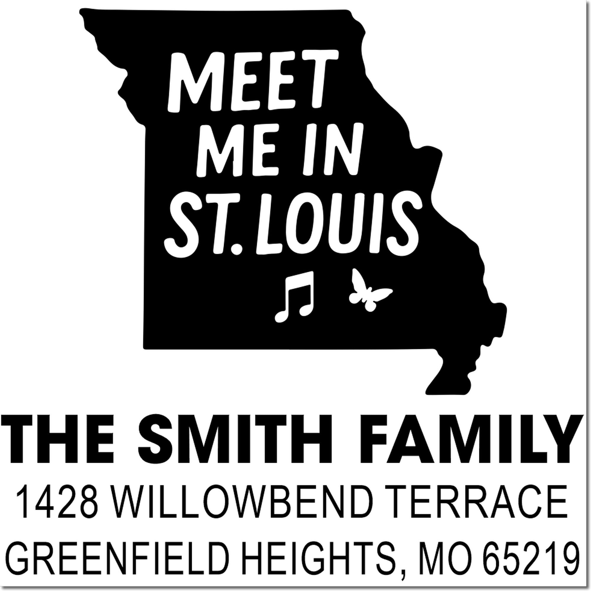 Custom Missouri return address rubber stamp with Meet Me in St. Louis for The Smith Family, Greenfield Heights, MO.