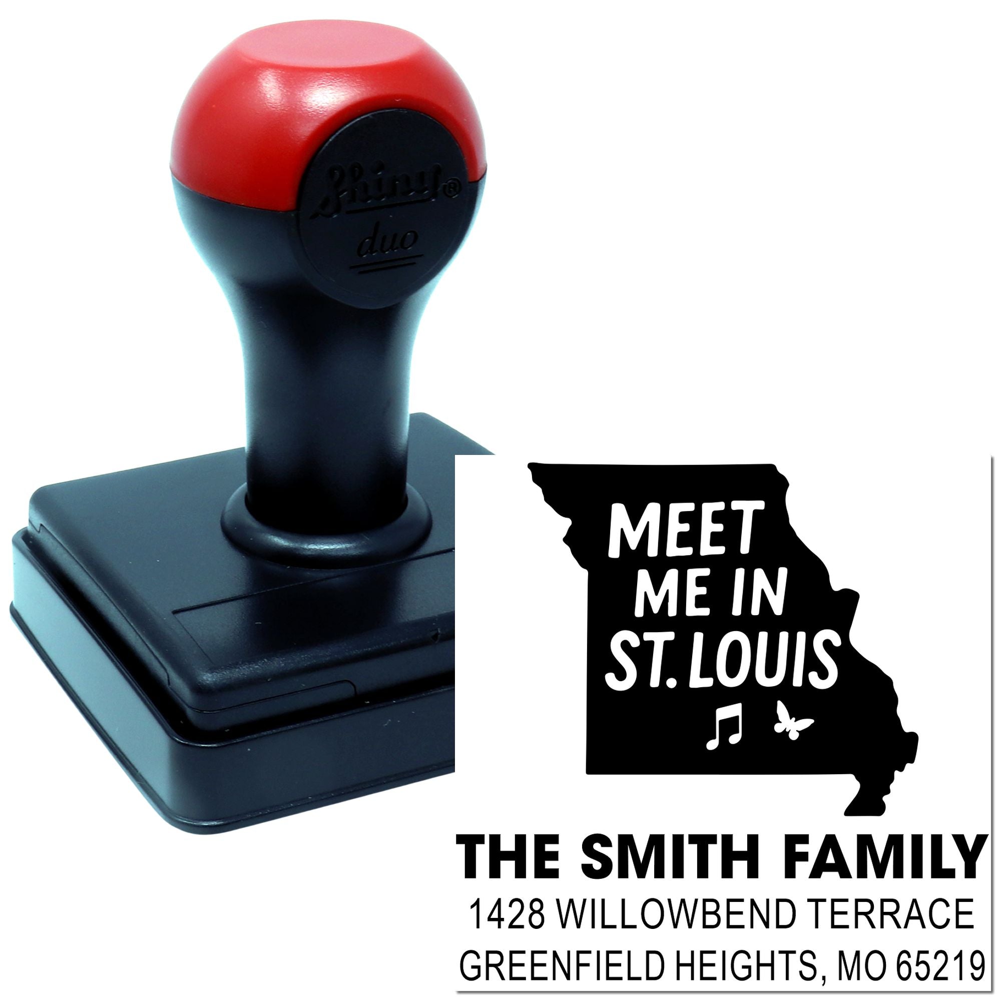 Custom self-inking rubber stamp with Missouri state design, St. Louis message, and family address for personalized mailing.