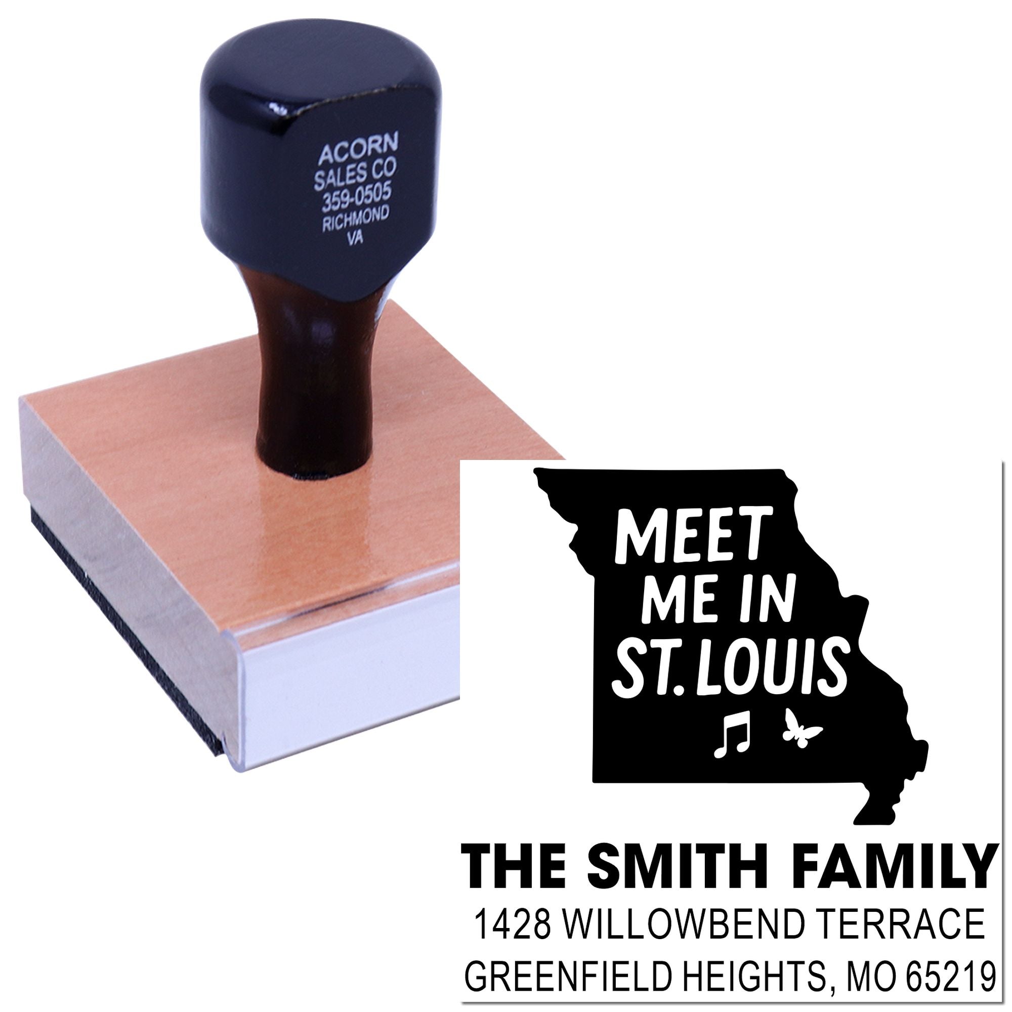 Custom personalized return address rubber stamp with Missouri Meet Me in St. Louis family design.