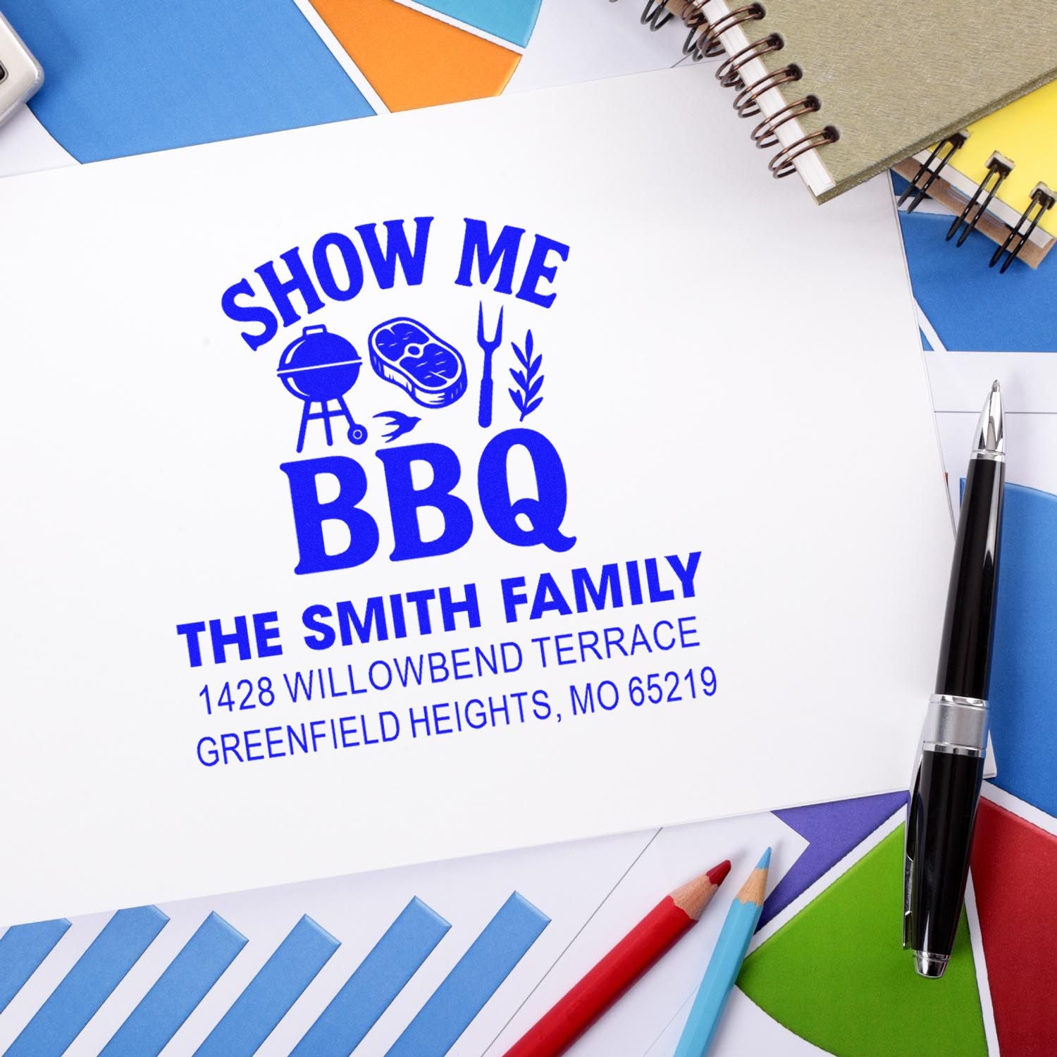 Custom BBQ rubber stamp with family name and return address imprint for personalized mail.