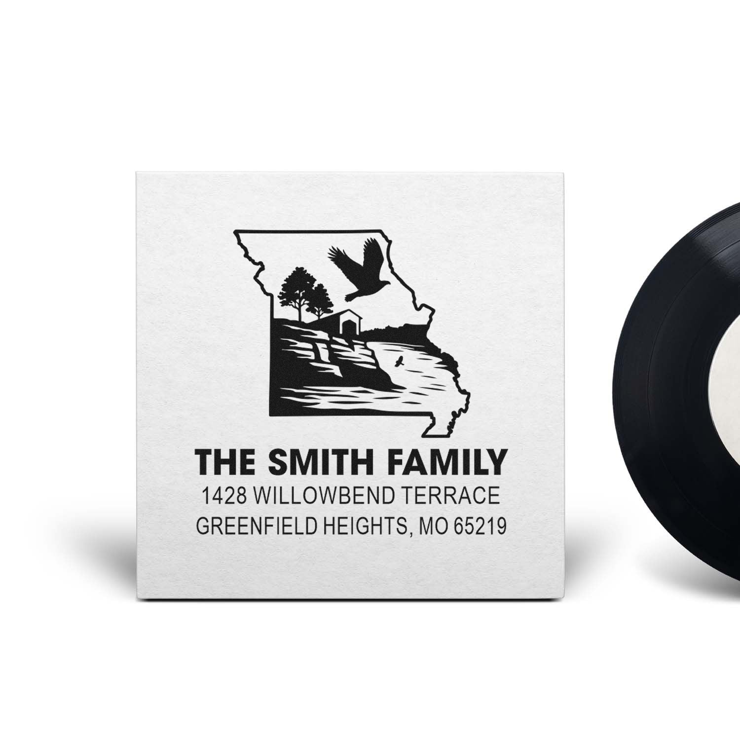 Custom Missouri family address rubber stamp with state outline, eagle, and scenic design for The Smith Family.