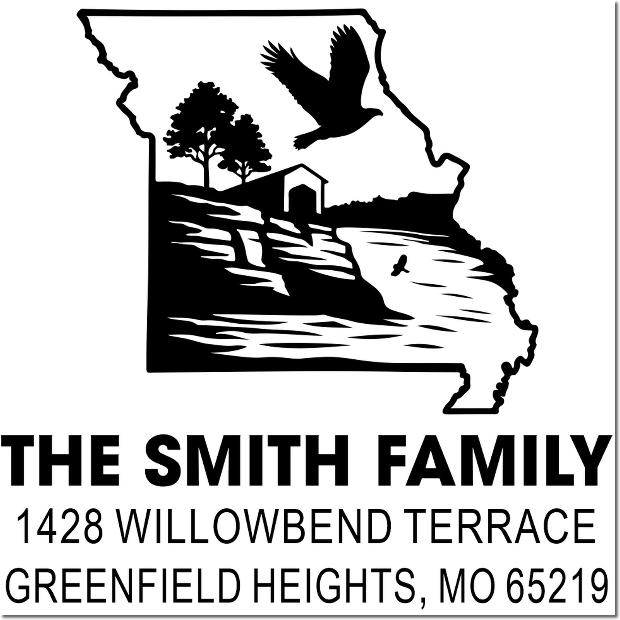 Custom Missouri address rubber stamp for The Smith Family, 1428 Willowbend Terrace, Greenfield Heights, MO 65219