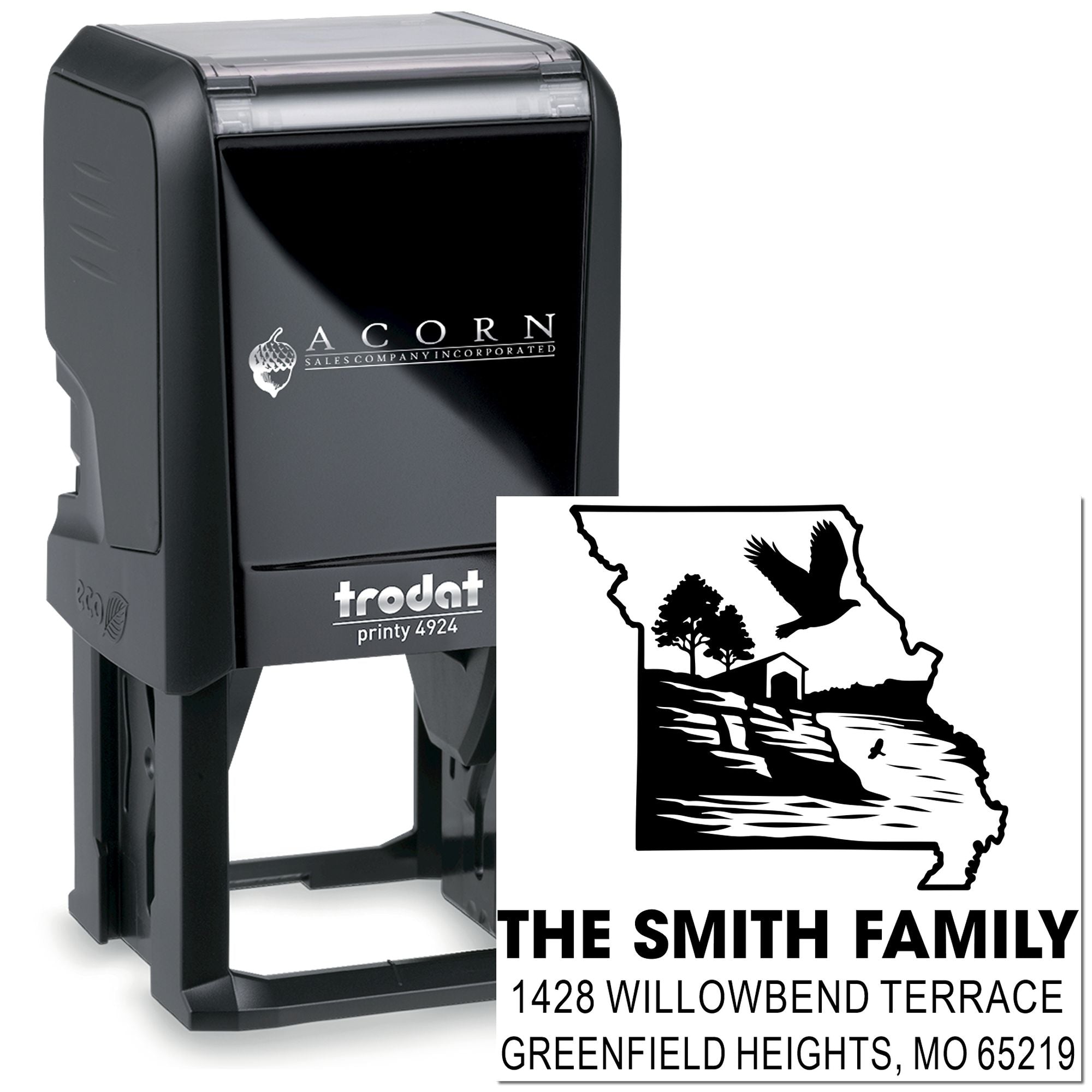 Custom Trodat Printy 4924 self-inking rubber address stamp with Missouri family design and return address.