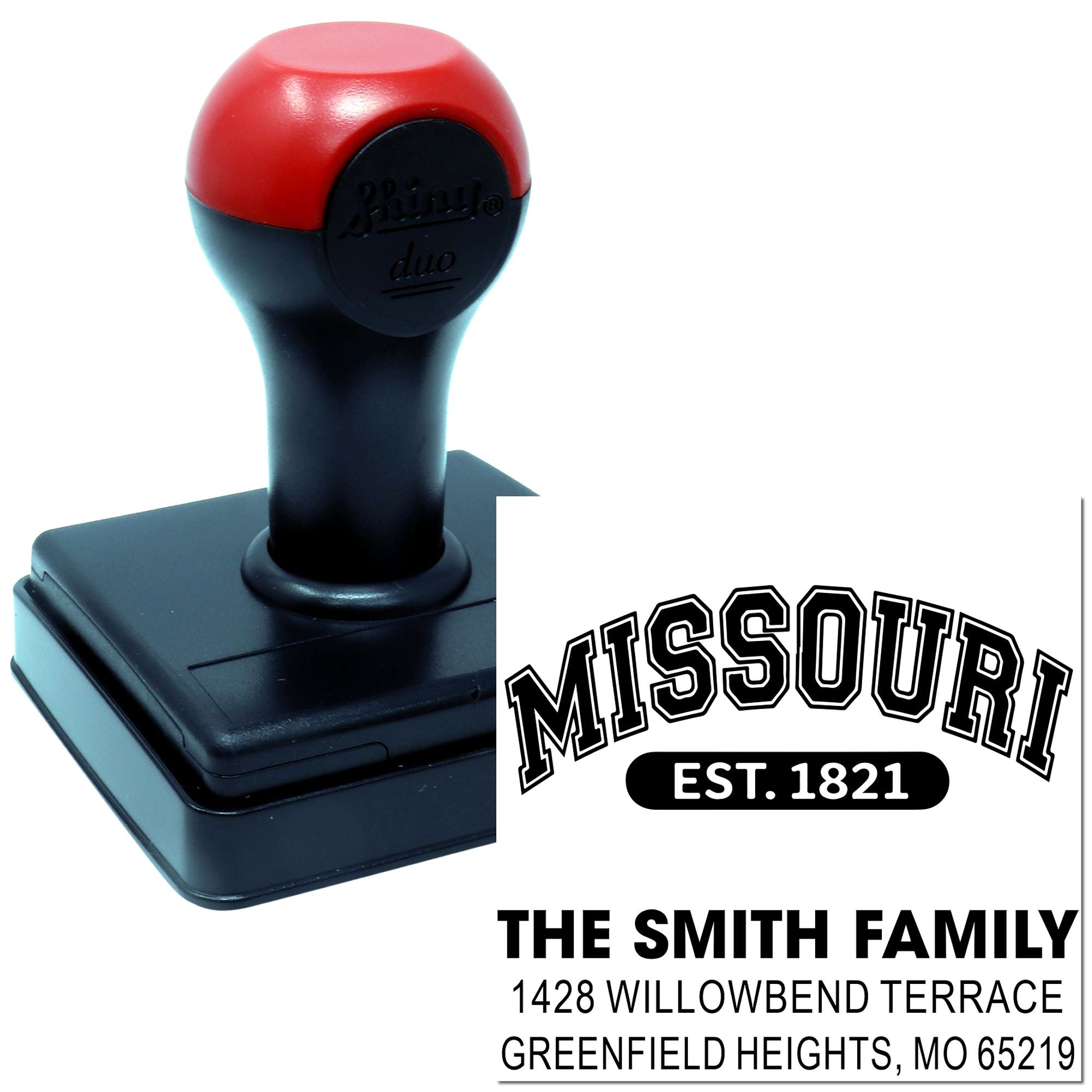 Self-inking custom family address rubber stamp with Missouri return address design.