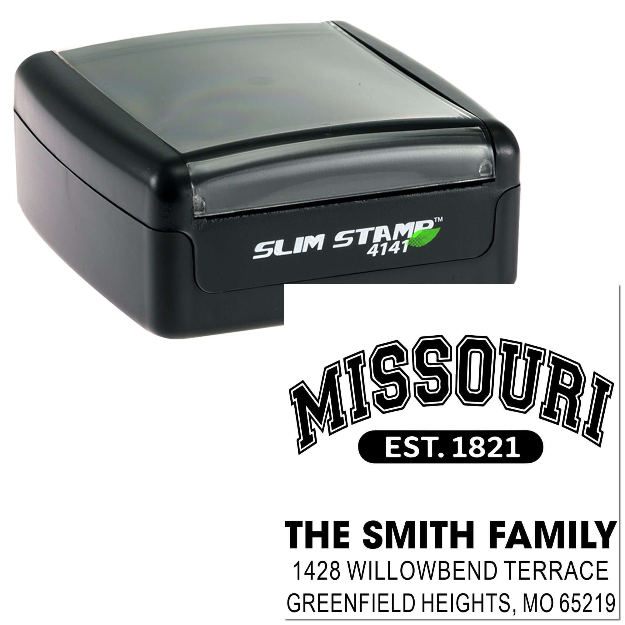 Custom self-inking return address rubber stamp with The Smith Family Missouri address imprint, Slim Stamp 4141.