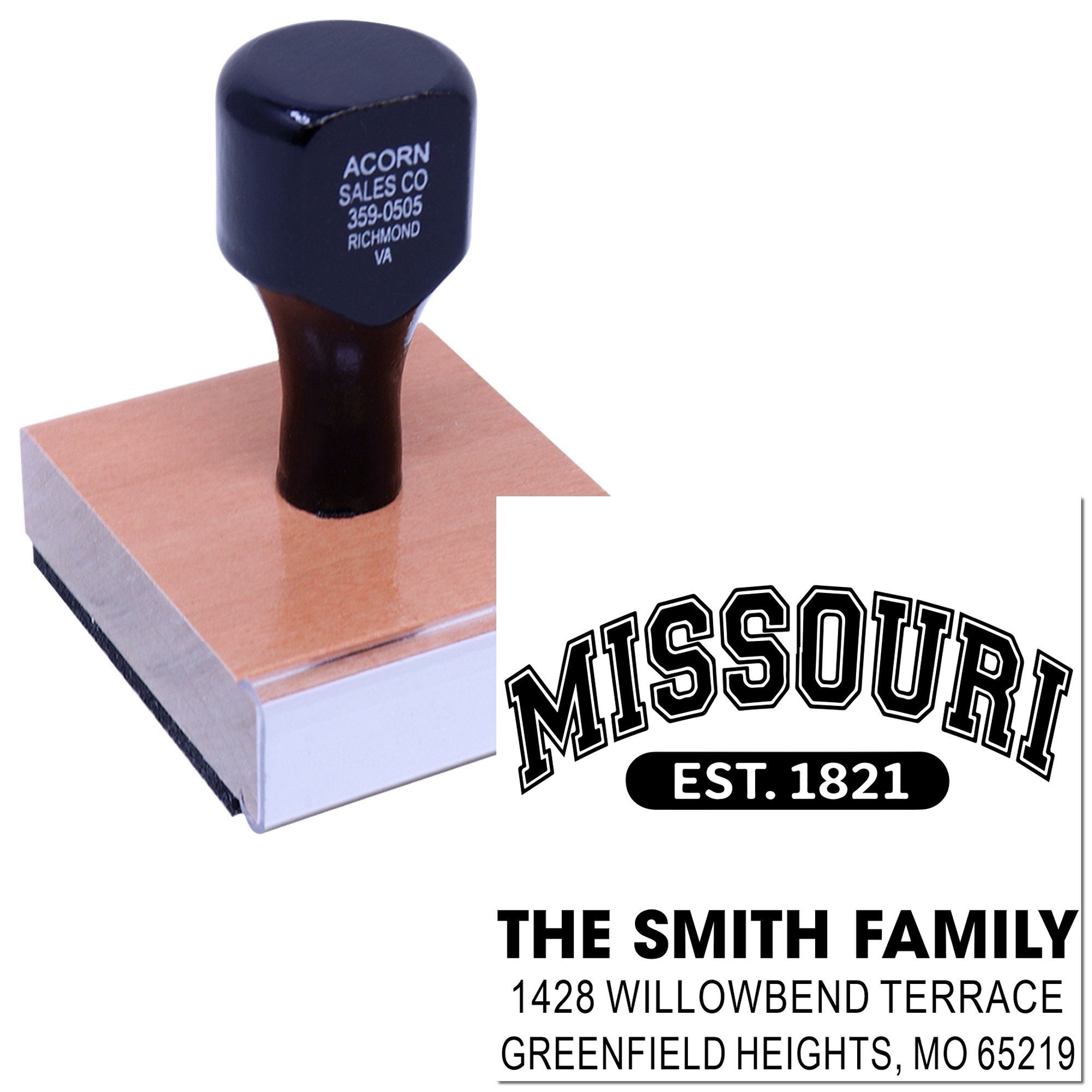 Custom self-inking Missouri address rubber stamp featuring The Smith Family return address and EST. 1821 design.