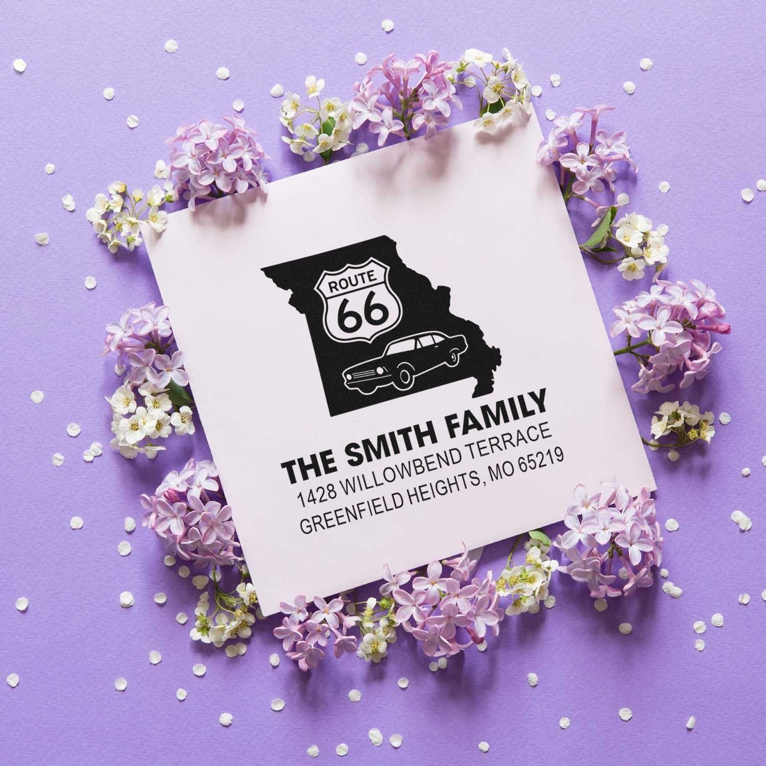 Custom Route 66 family address rubber stamp for personalized return address mailings and envelopes.