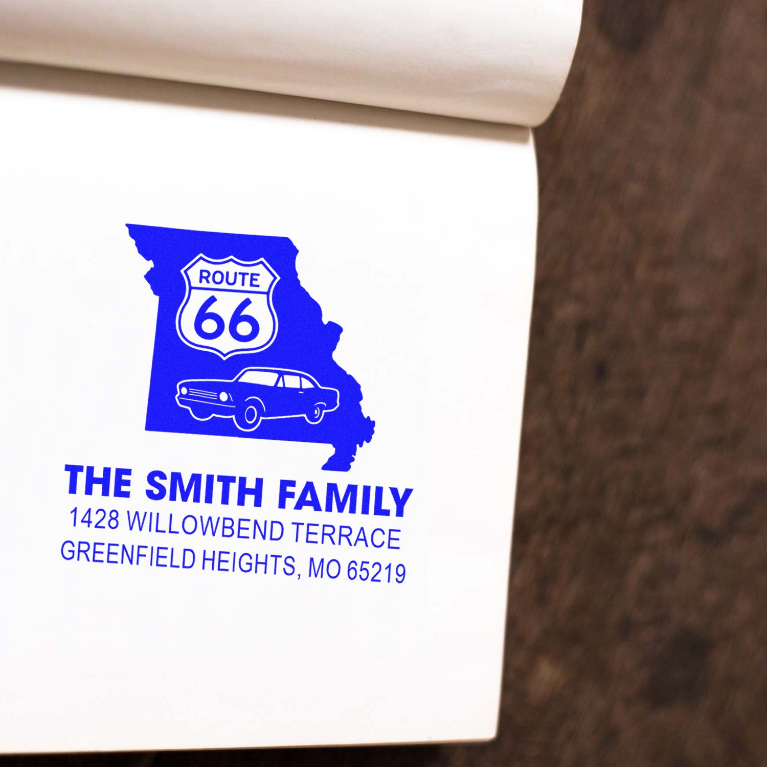 Custom Route 66 Missouri return address rubber stamp for The Smith Family, featuring car graphic and Greenfield Heights address.