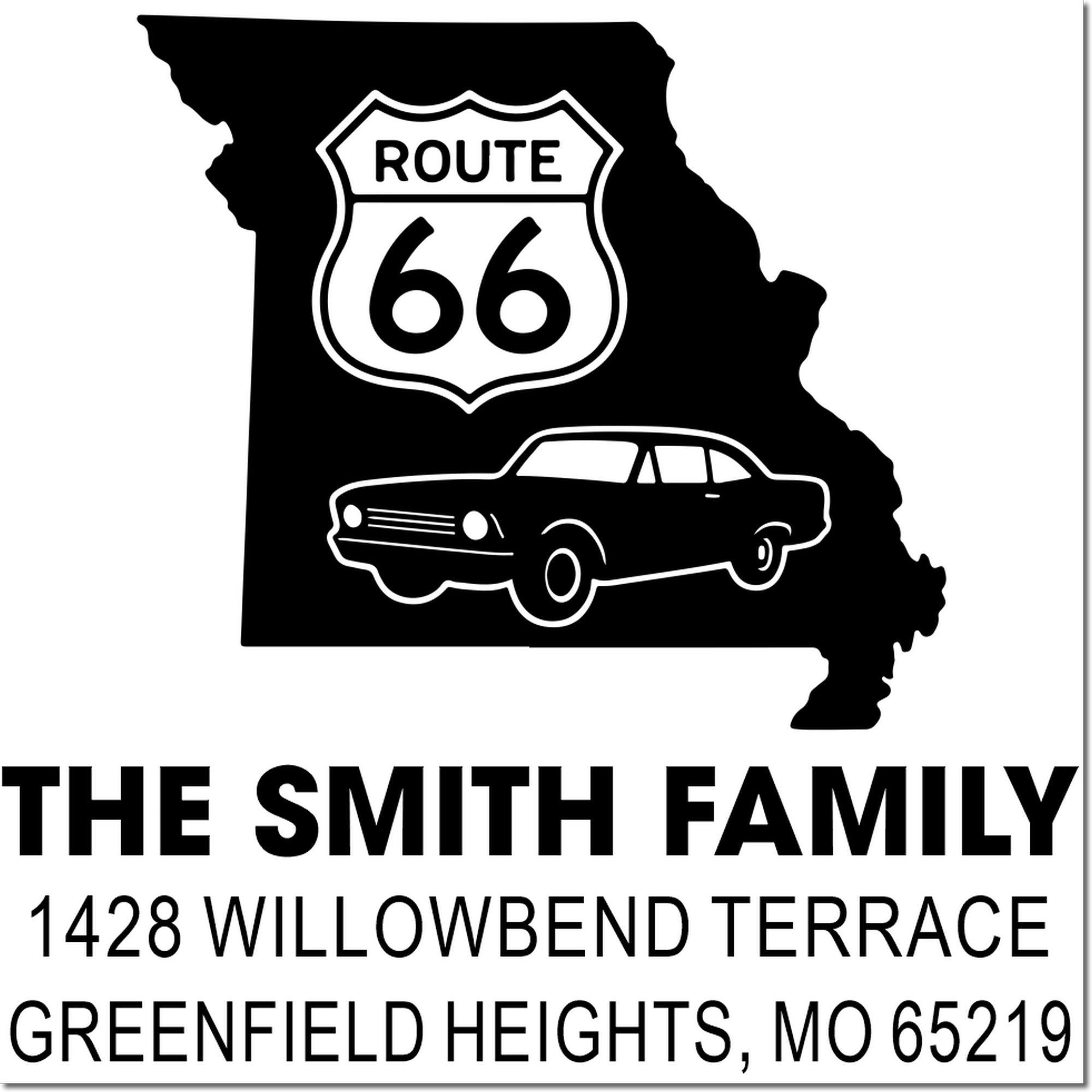 Custom Missouri Route 66 return address rubber stamp for The Smith Family, Greenfield Heights, MO 65219