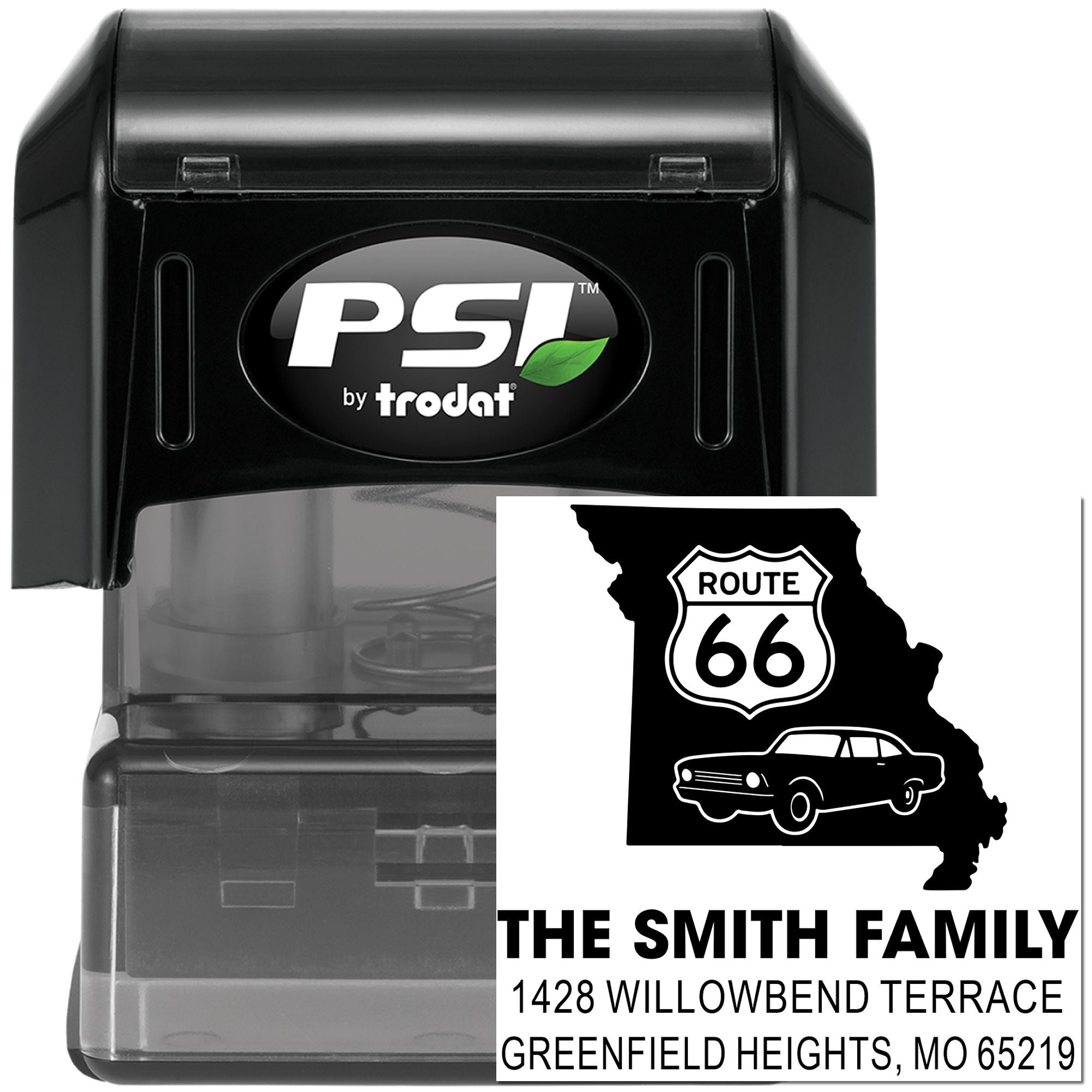 PSI by Trodat custom self-inking rubber stamp with Route 66 Missouri family address design for personalized mailing.