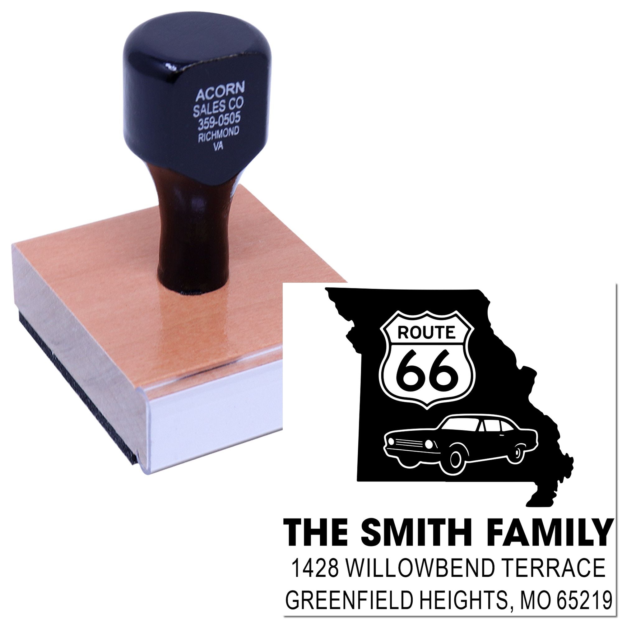 Custom rubber stamp with personalized Route 66 Missouri family return address design and wooden mount.