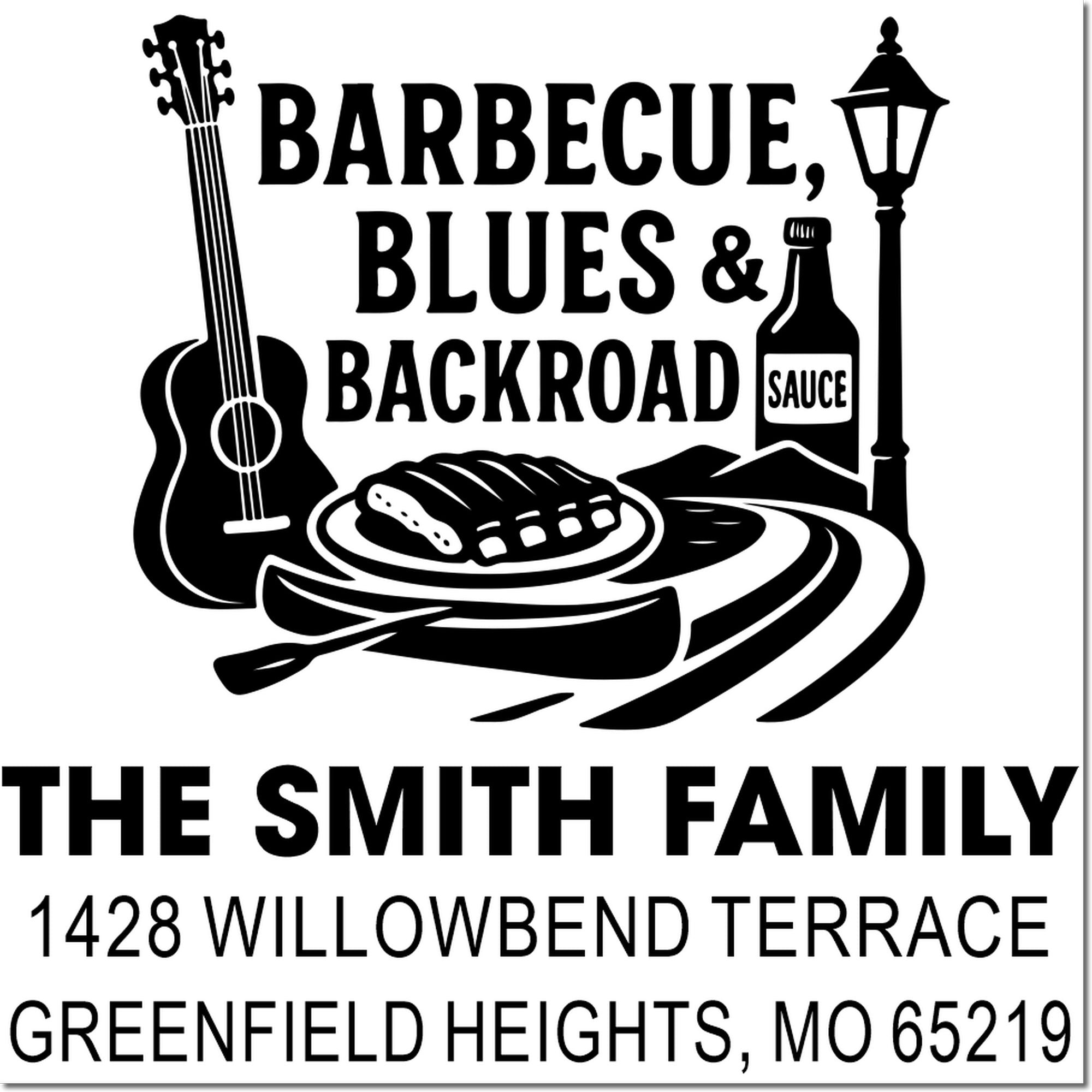 BBQ-themed custom return address rubber stamp for The Smith Family, 1428 Willowbend Terrace, Greenfield Heights, MO 65219.