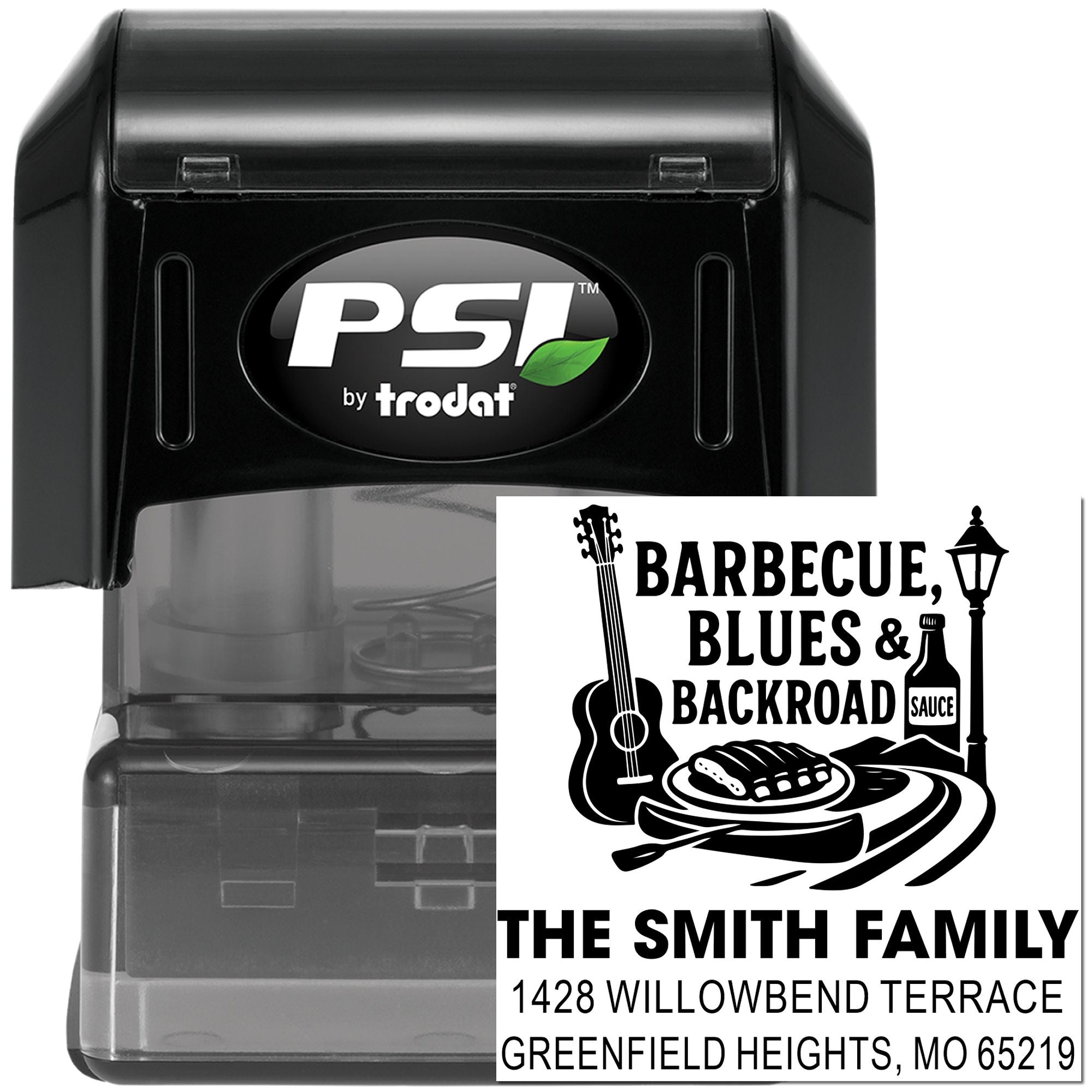 PSI by Trodat self-inking custom address rubber stamp with barbecue-themed family return address design