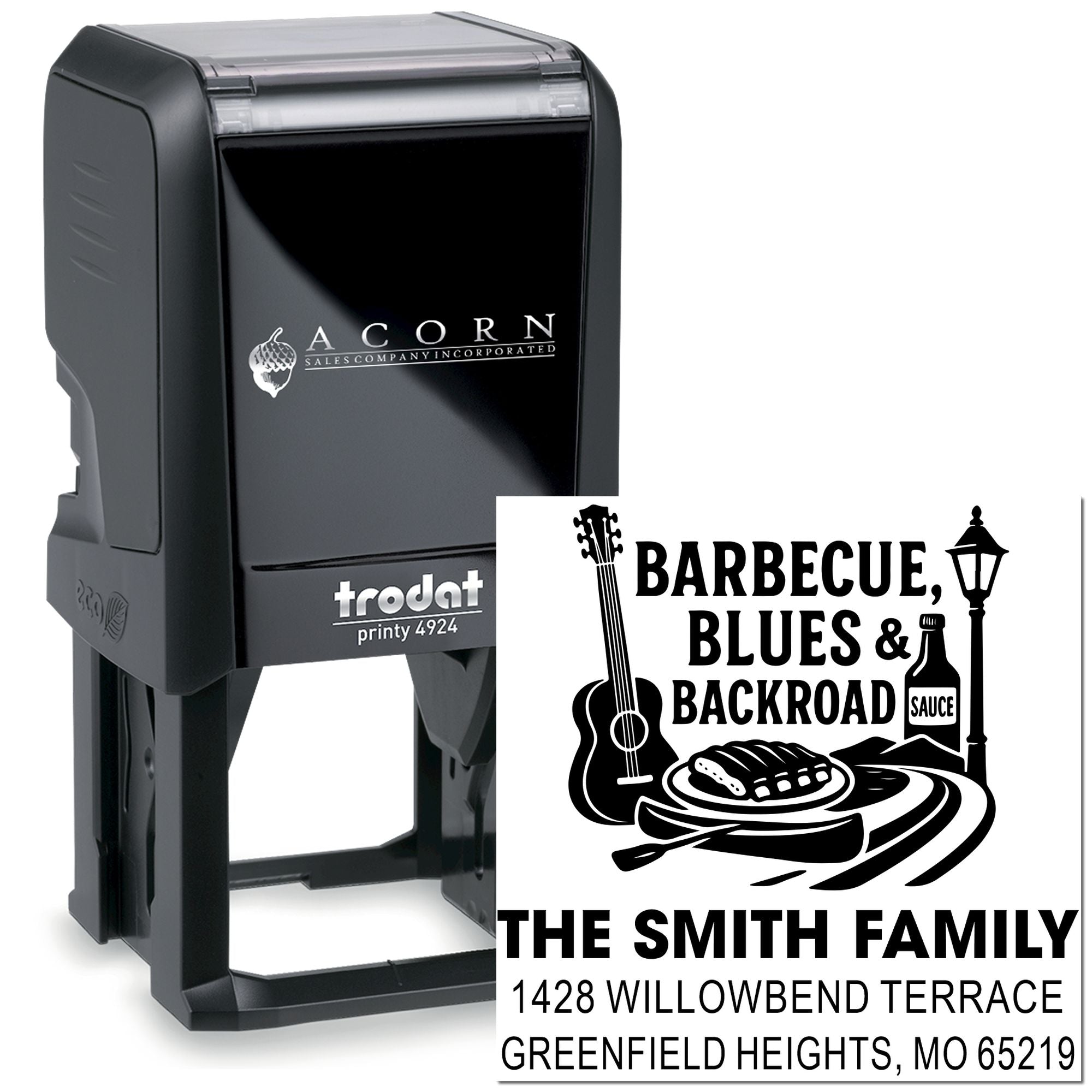 Custom self-inking rubber address stamp with barbecue-themed family return address design and home mailing details.