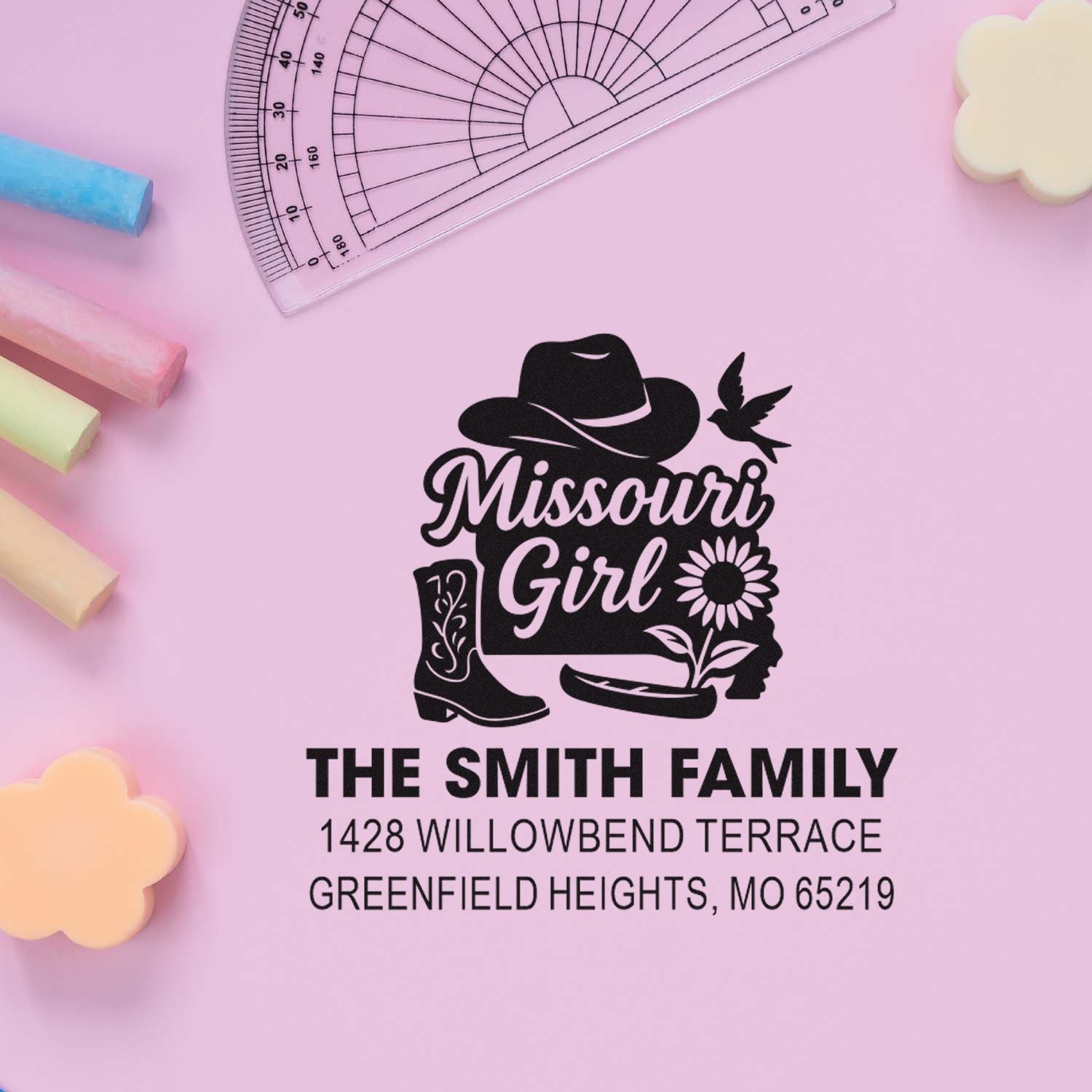 Custom Missouri Girl address rubber stamp for The Smith Family, with Western boot and sunflower return address design.