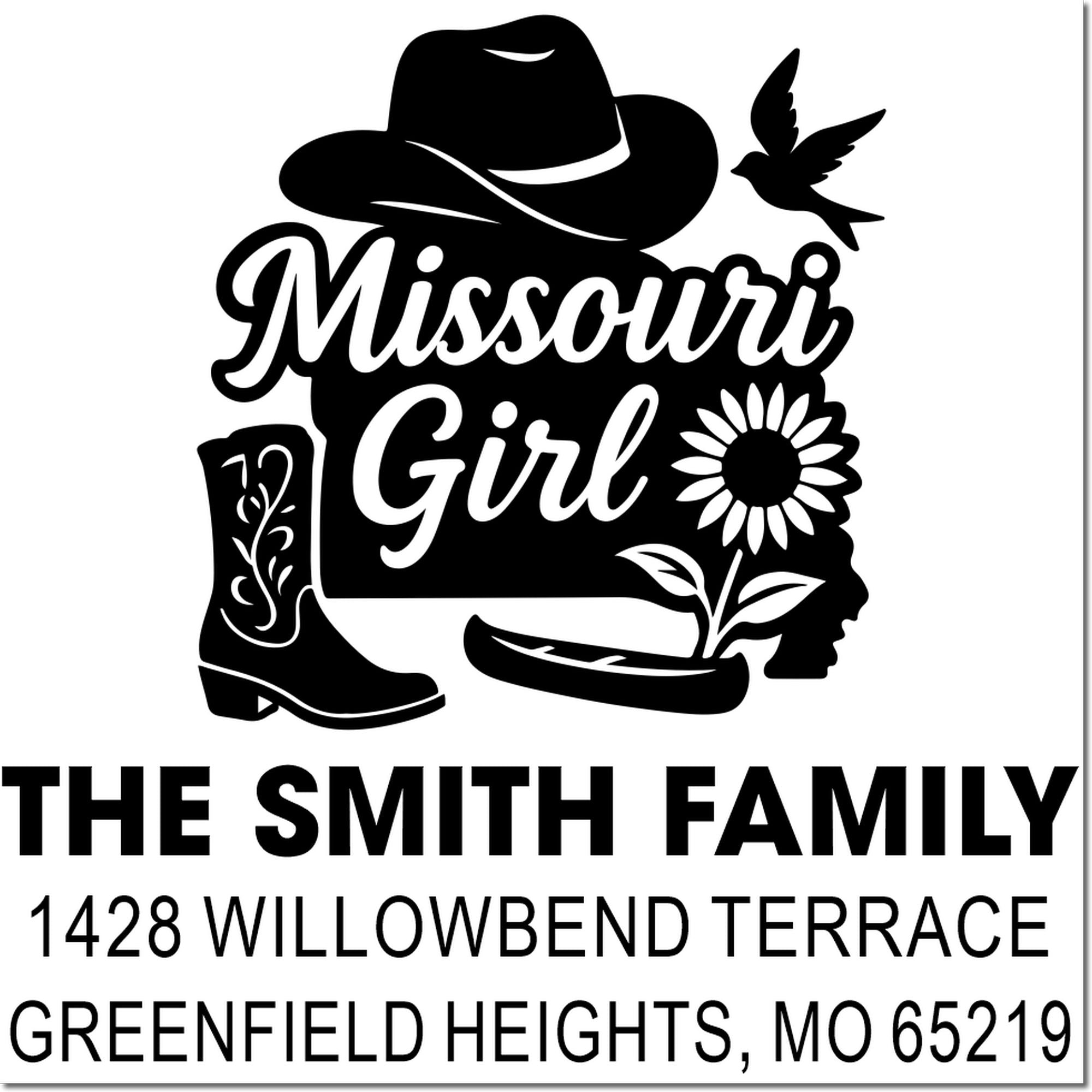 Custom Missouri Girl rubber stamp with The Smith Family return address, 1428 Willowbend Terrace, Greenfield Heights, MO 65219.