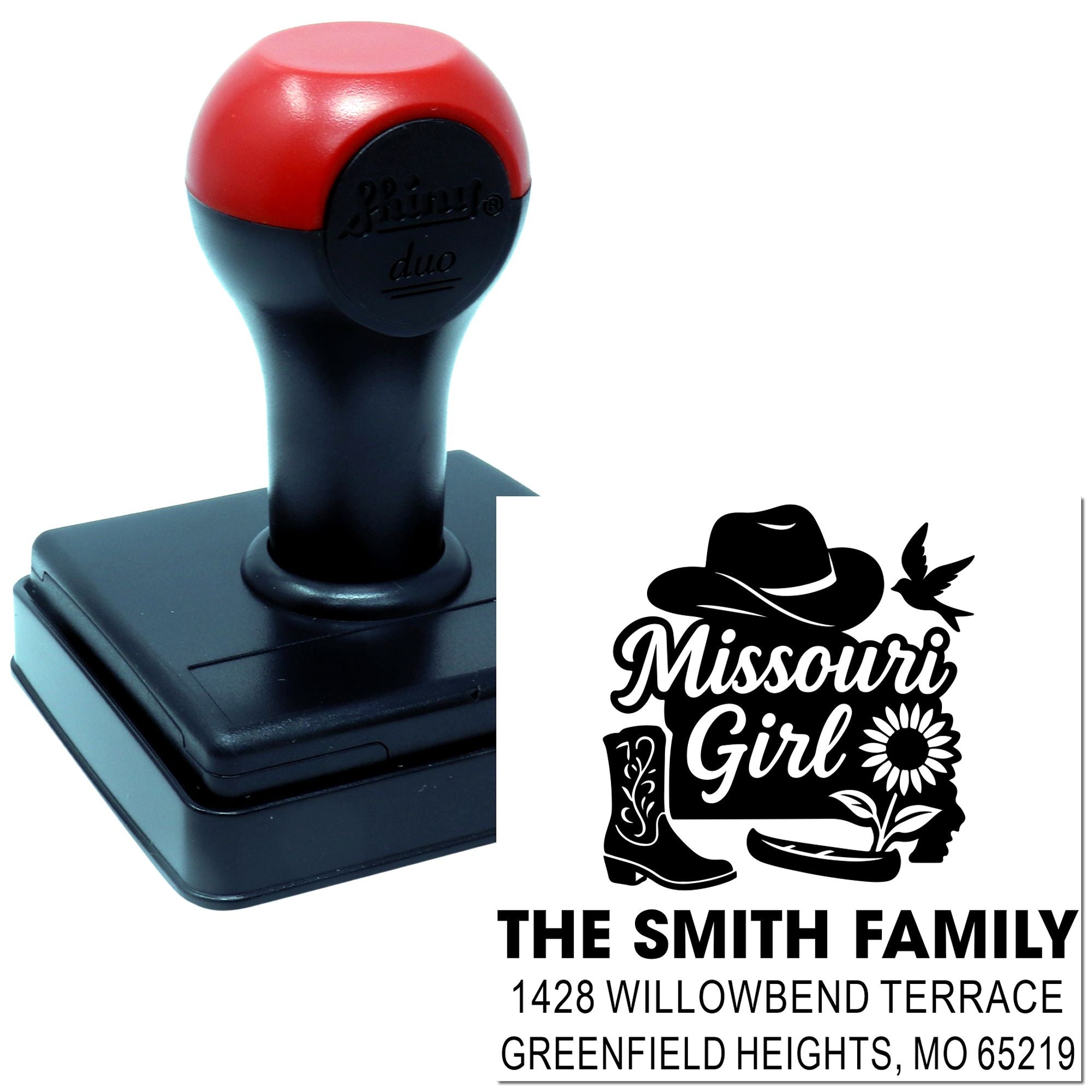 Personalized self-inking rubber stamp with Missouri Girl family address design for custom mailing and stationery.