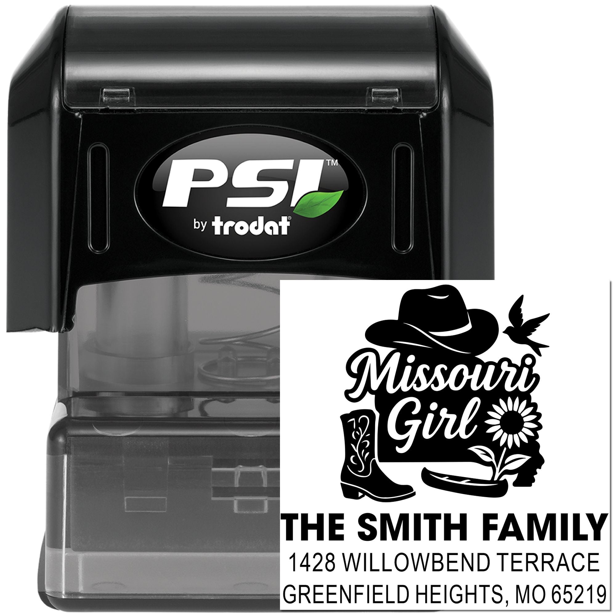PSI by Trodat self-inking rubber stamp with custom Missouri Girl family address stamp design for personalized mailing