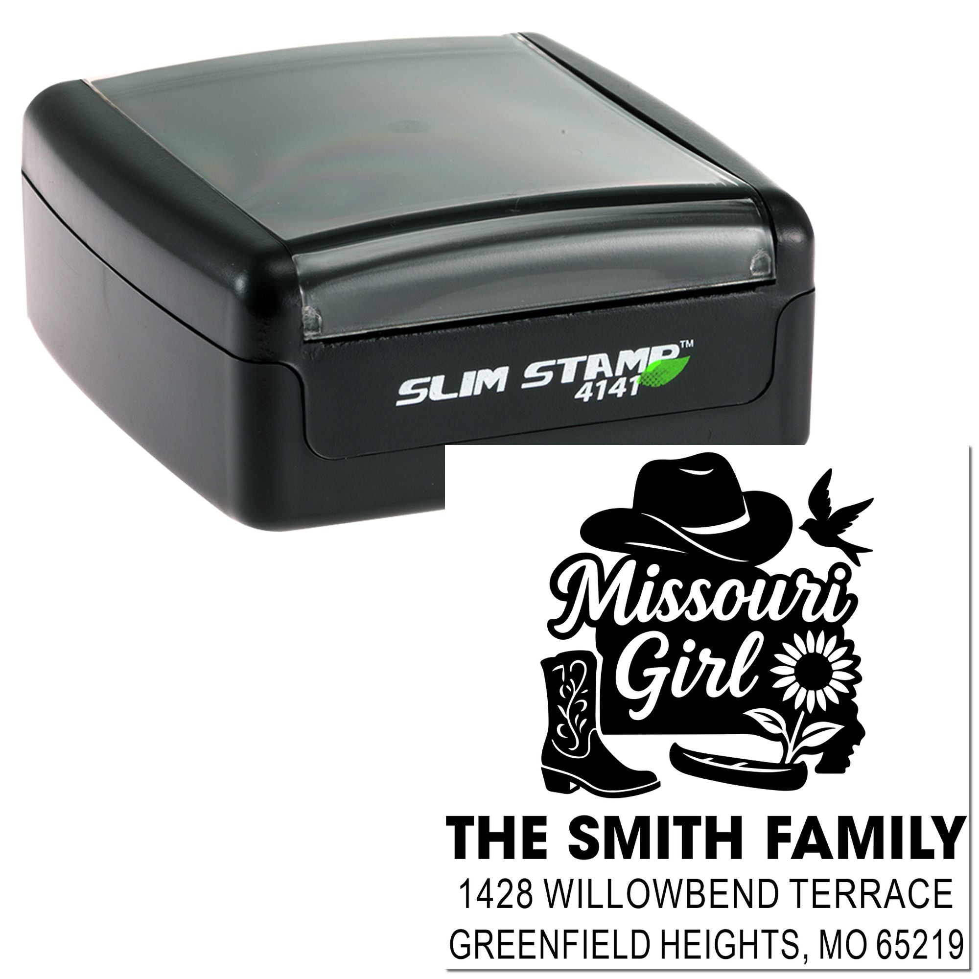 Custom self-inking rubber stamp with Missouri Girl return address design for personalized family mail.