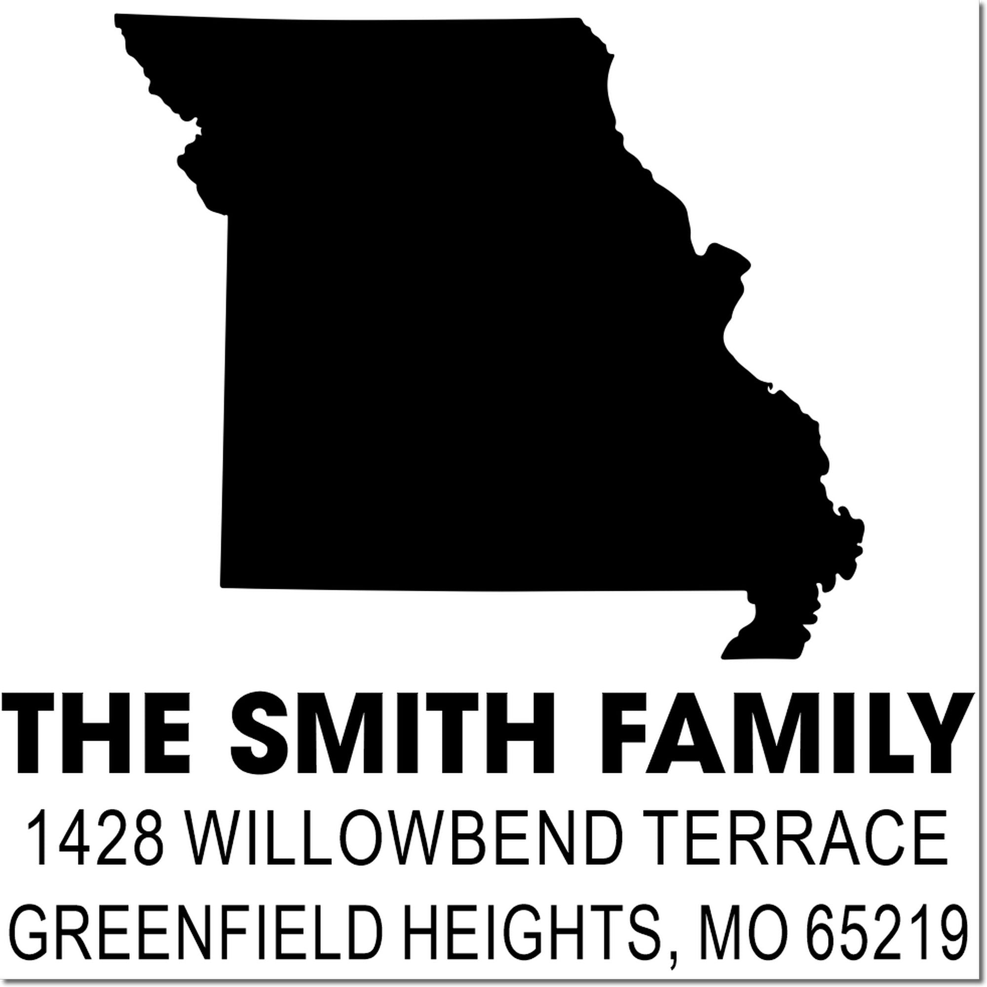 Custom Missouri return address rubber stamp for The Smith Family, 1428 Willowbend Terrace, Greenfield Heights, MO 65219