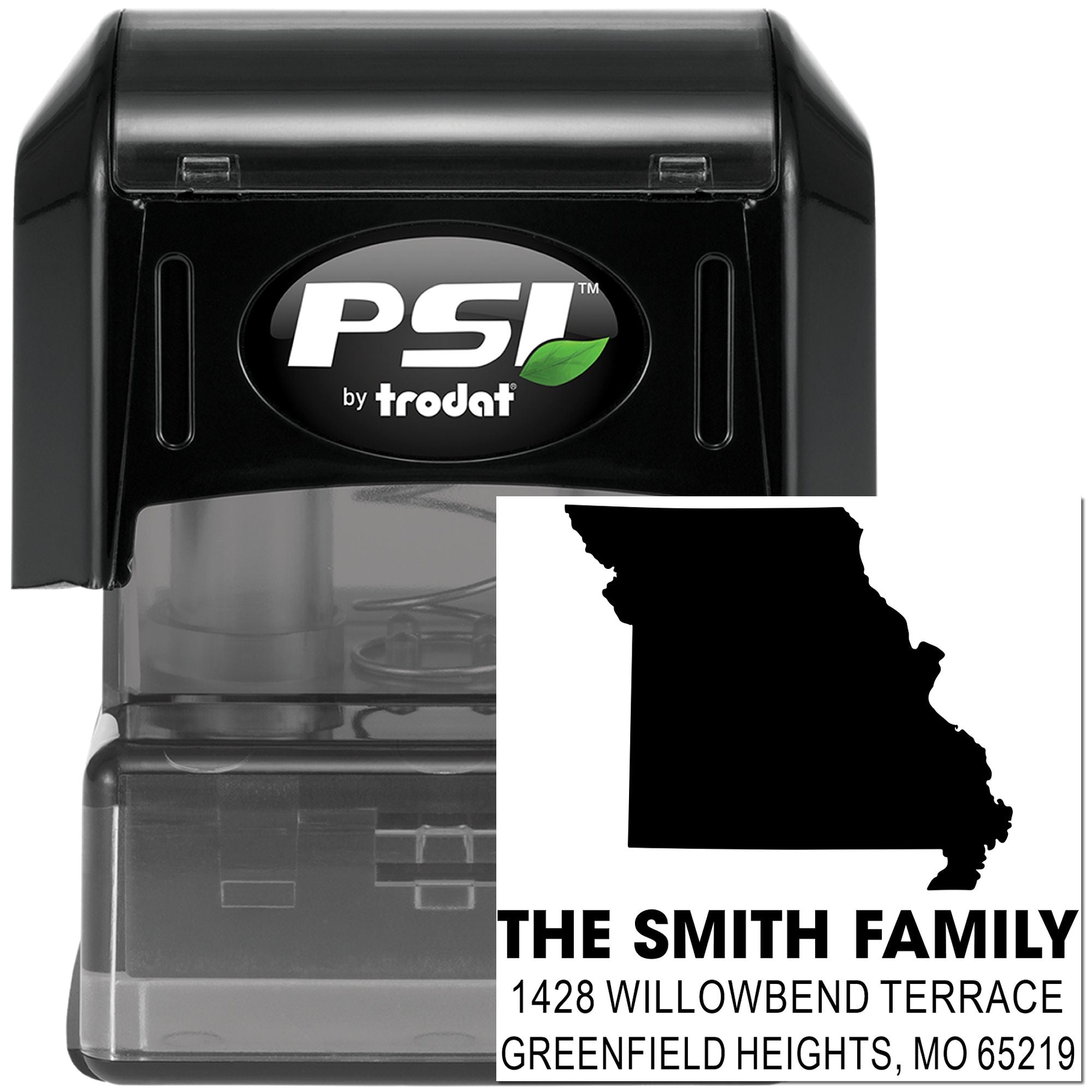 Custom Missouri self-inking address stamp for The Smith Family with state silhouette, ideal for personalized mailing and home use.