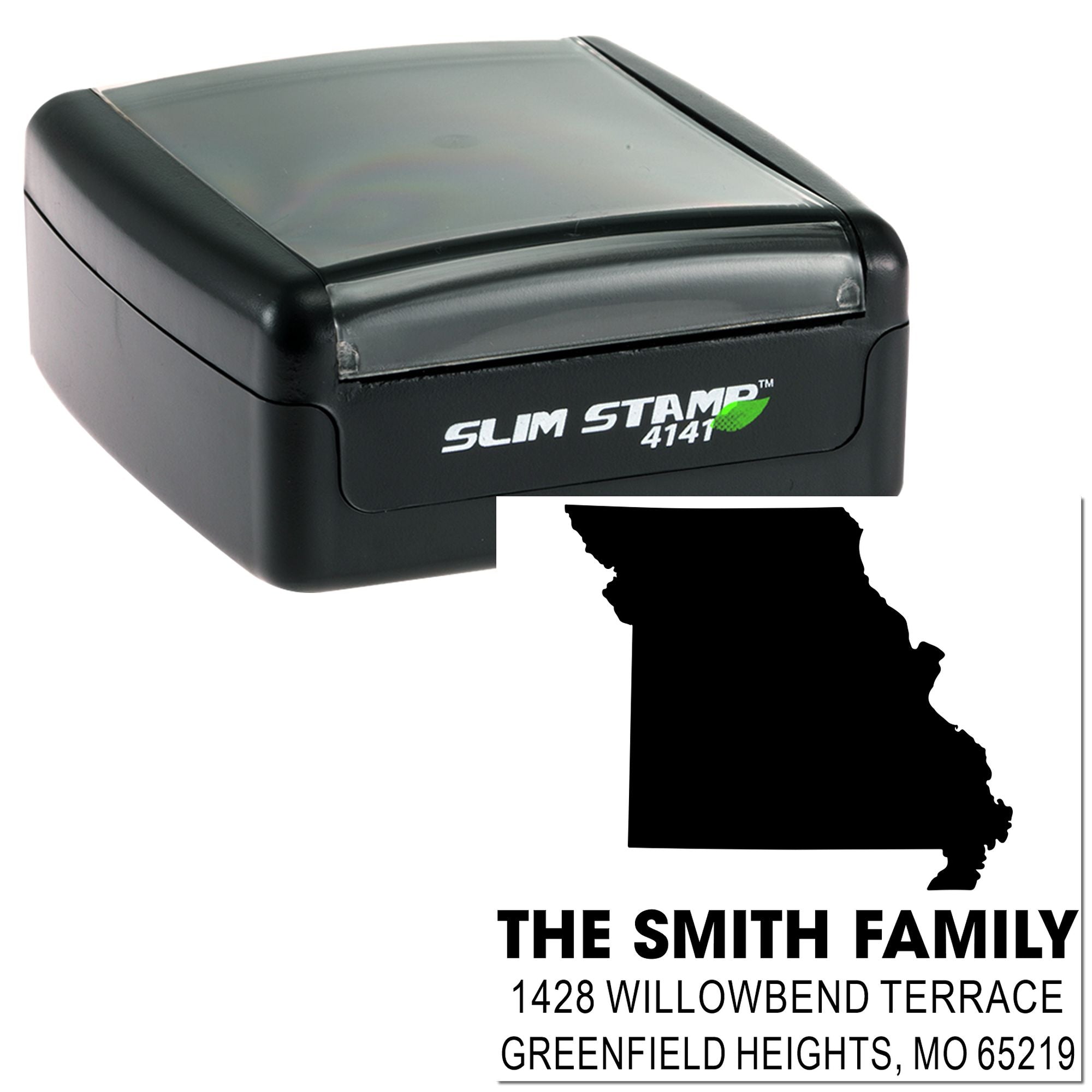 Custom self-inking Missouri return address stamp with family name and address, Slim Stamp 4141.