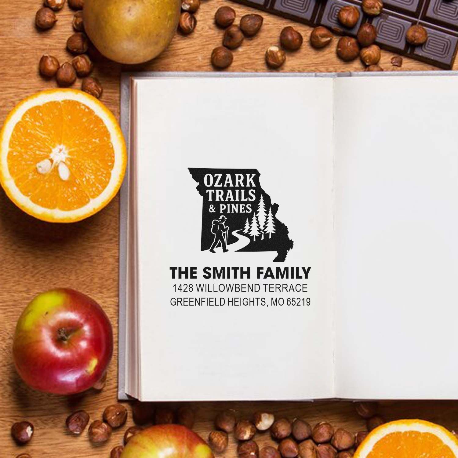 Personalized return address rubber stamp for The Smith Family with Ozark Trails & Pines Missouri hiking design.