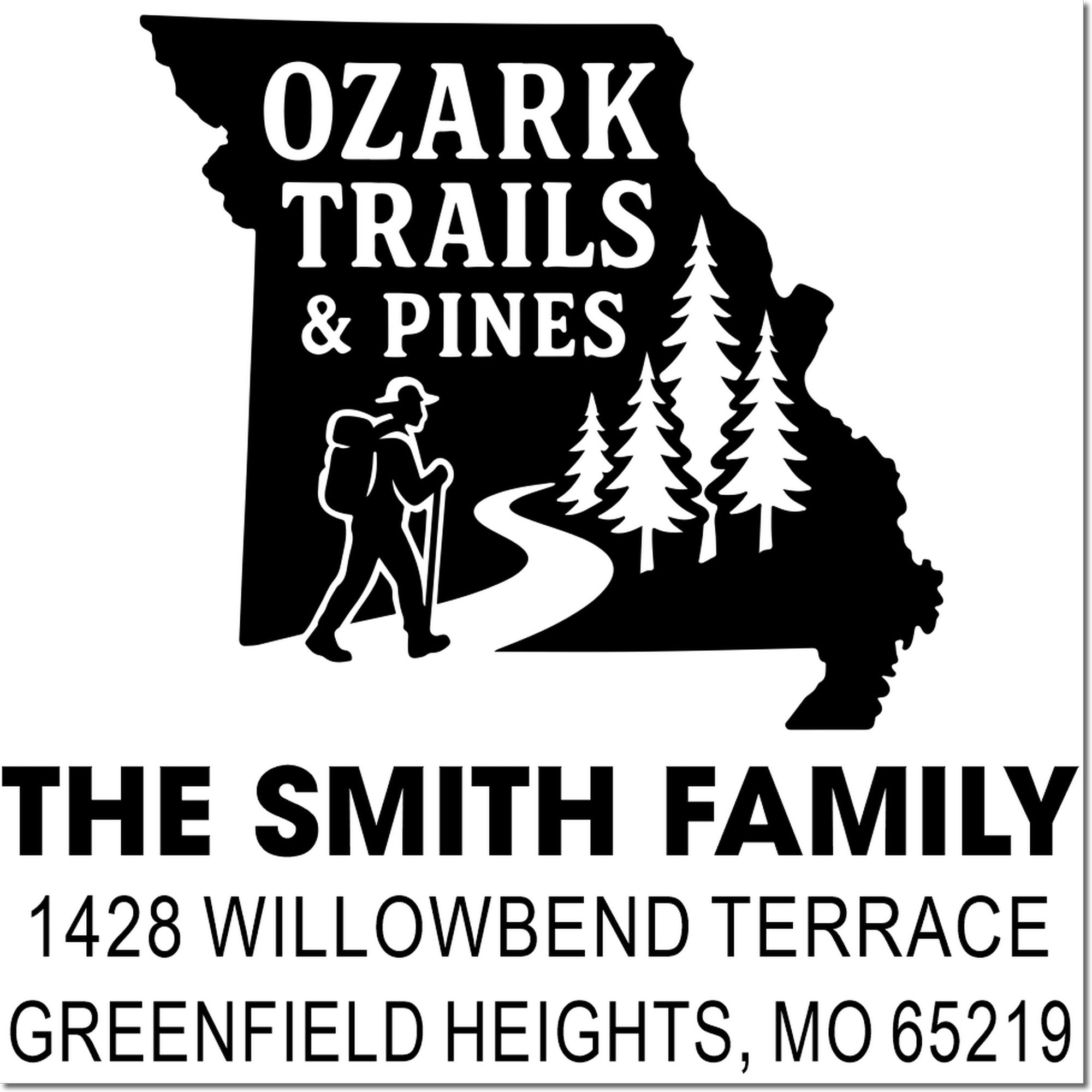 Custom return address rubber stamp with Ozark Trails & Pines design for The Smith Family, Greenfield Heights, Missouri.